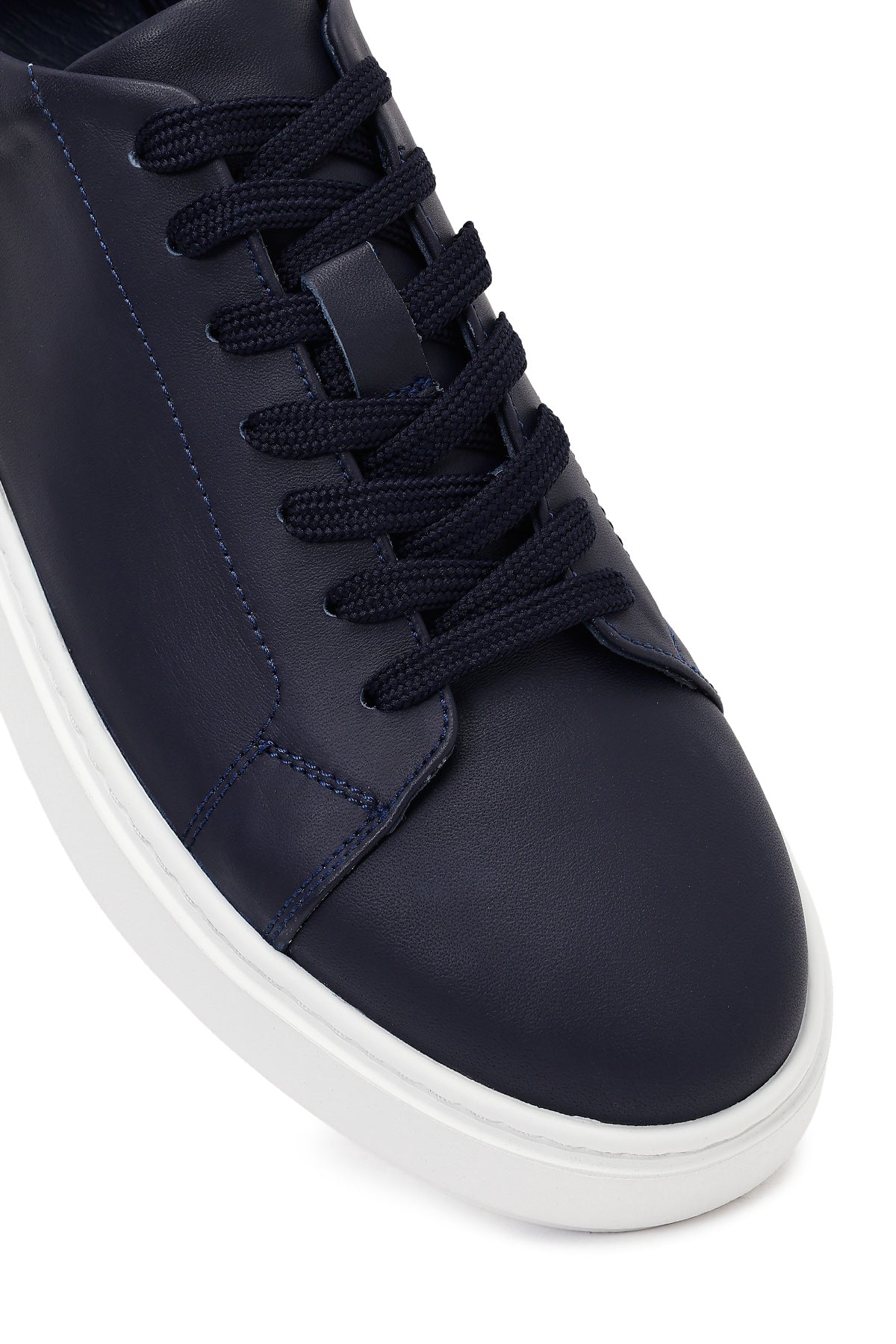 Erkek Lacivert Bağcıklı Kalın Tabanlı Deri Sneaker