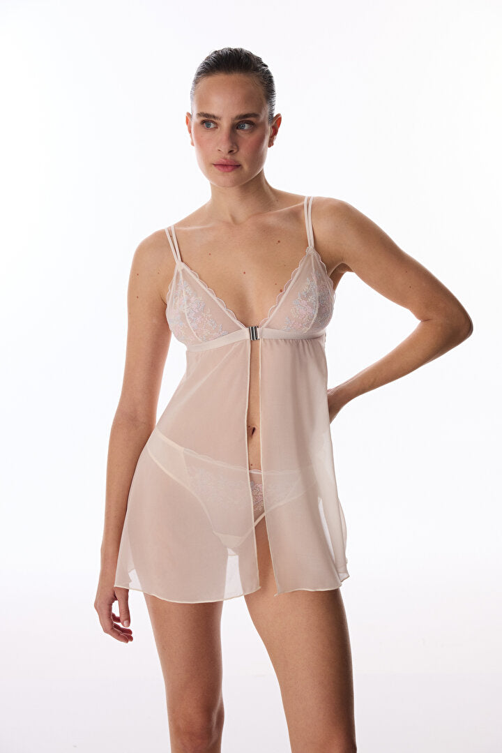 Bej Front Opening Broderie Babydoll