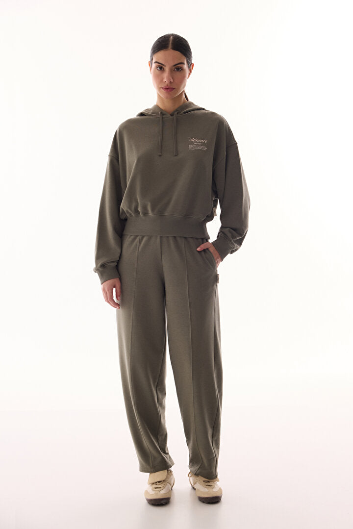 Haki Kapüşonlu Crop Sweatshirt
