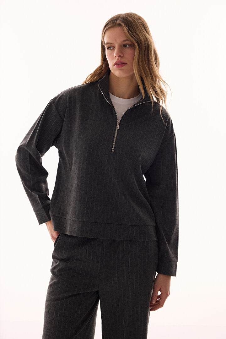 Antrasit Fermuarlı Çizgili Sweatshirt