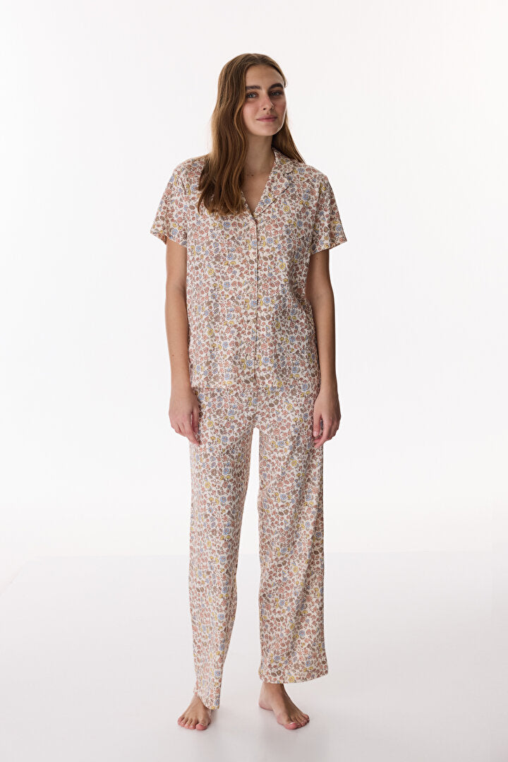 Bej Floral Pointel Gömlek Pantolon Pijama Takımı