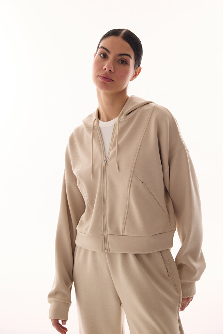 Bej Silky Feel Fermuarlı Hoodie