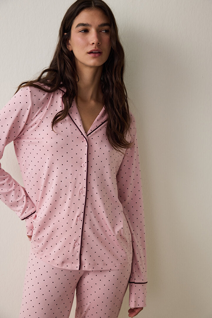 Pembe Puantiyeli Oversize Gömlek Yaka Pijama Takımı