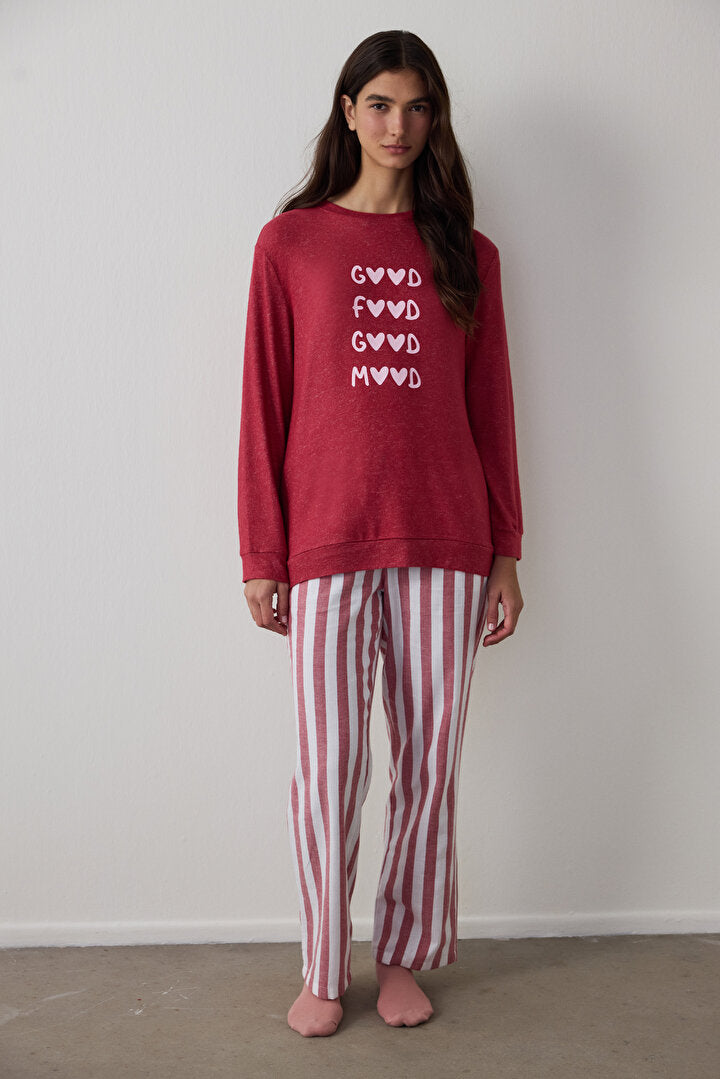 Bordo Good Mood Slogan Baskılı Termal Etkili Sweatshirt Pijama Üstü
