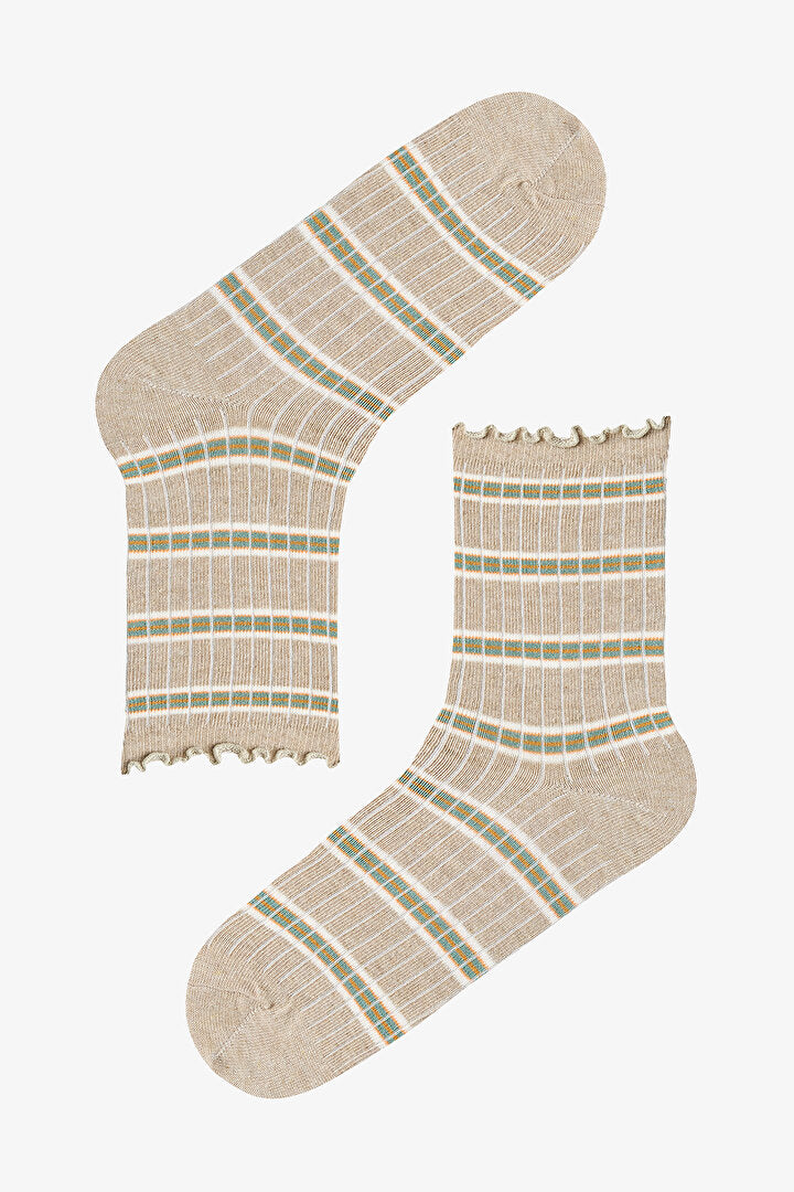Kahve Sahlep Ruffled Stripe 3lü Soket Çorap