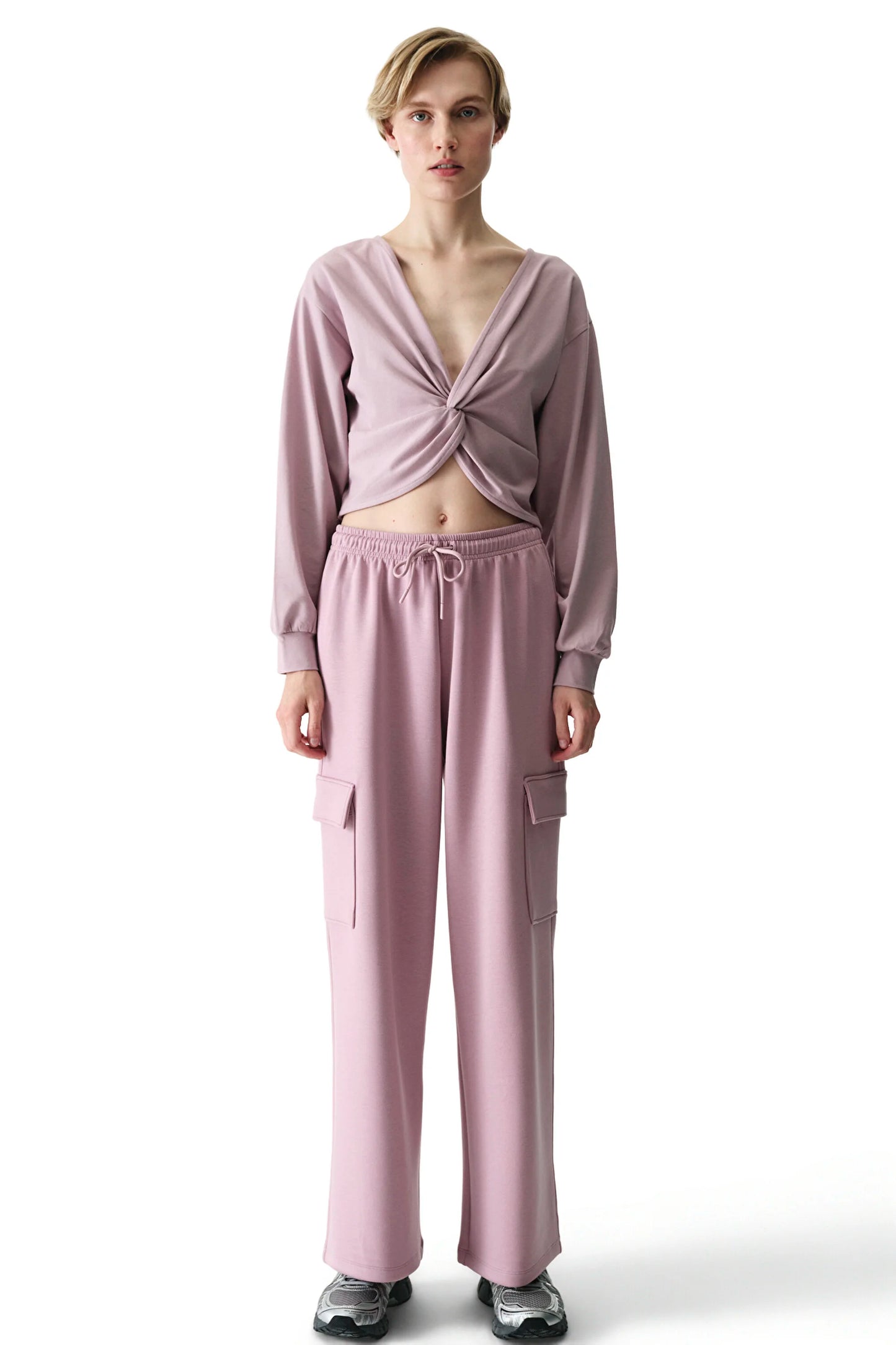 Pembe Büzgülü V Yaka Pamuk Modal Karışımlı Sweatshirt