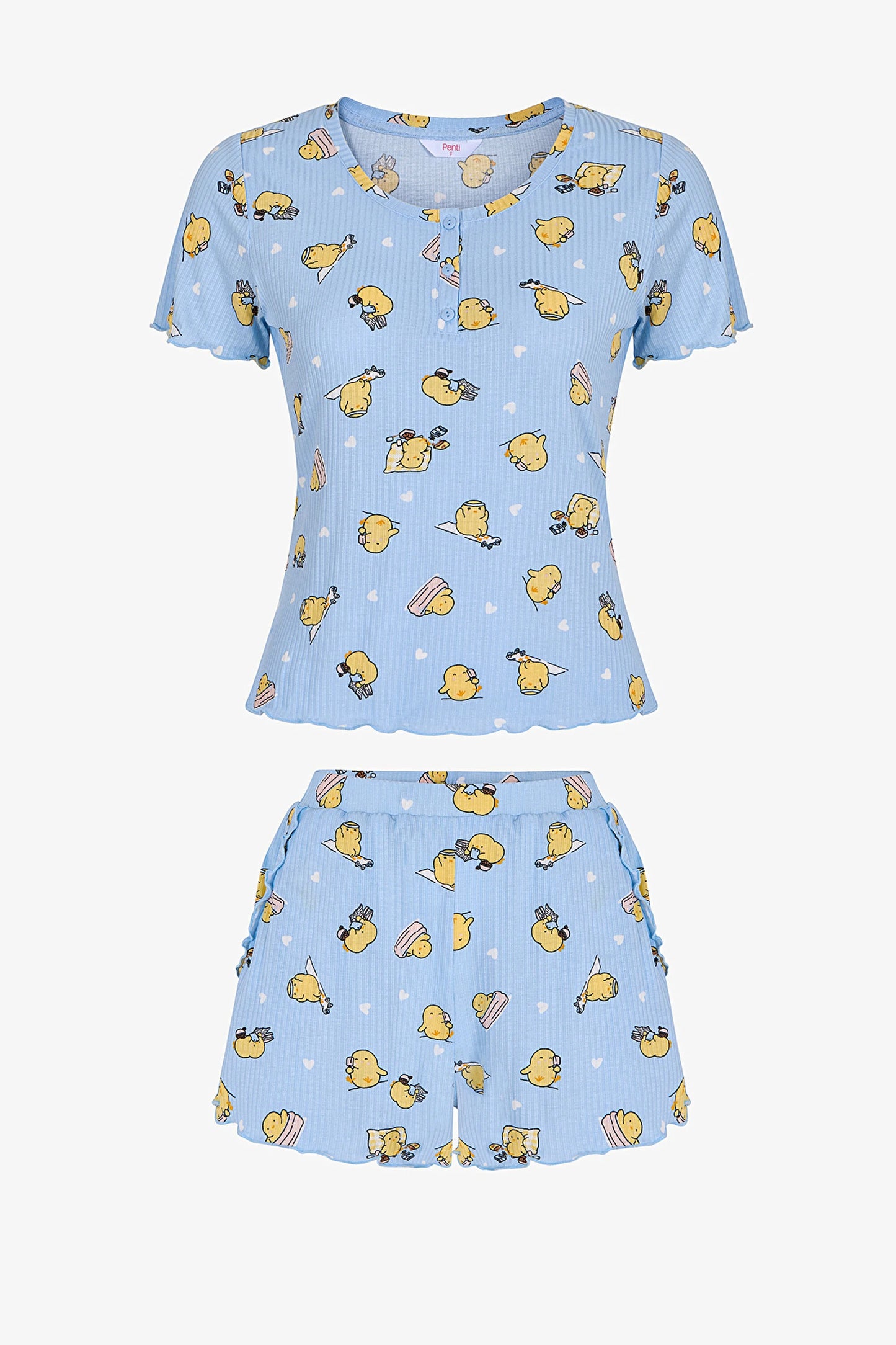 Açık Mavi Happine Rib Şortlu Pijama Takımı