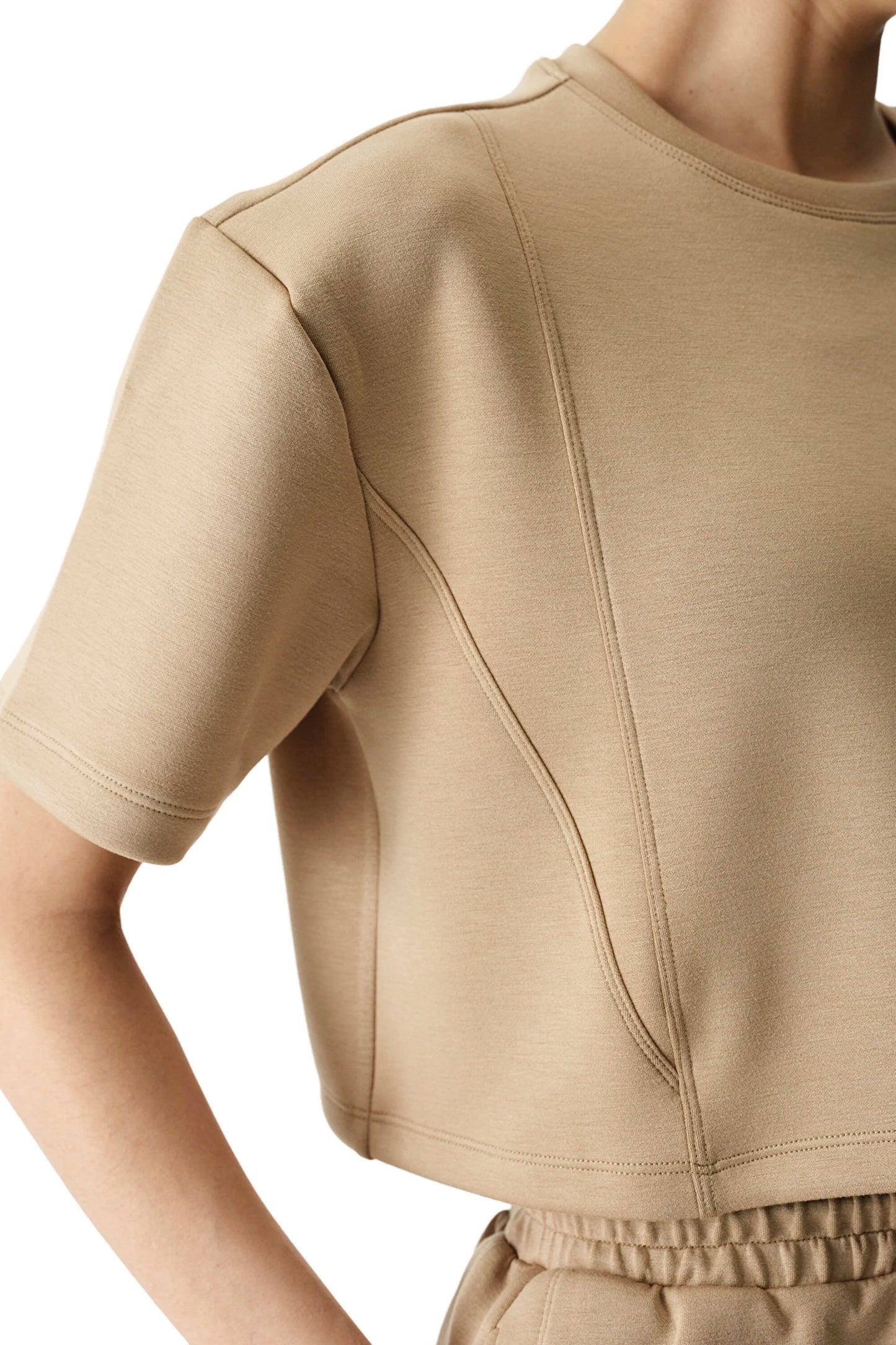 Bej Ipeksi Dokunuş Silky Touch Dikiş Detaylı Bisiklet Yaka Tişört