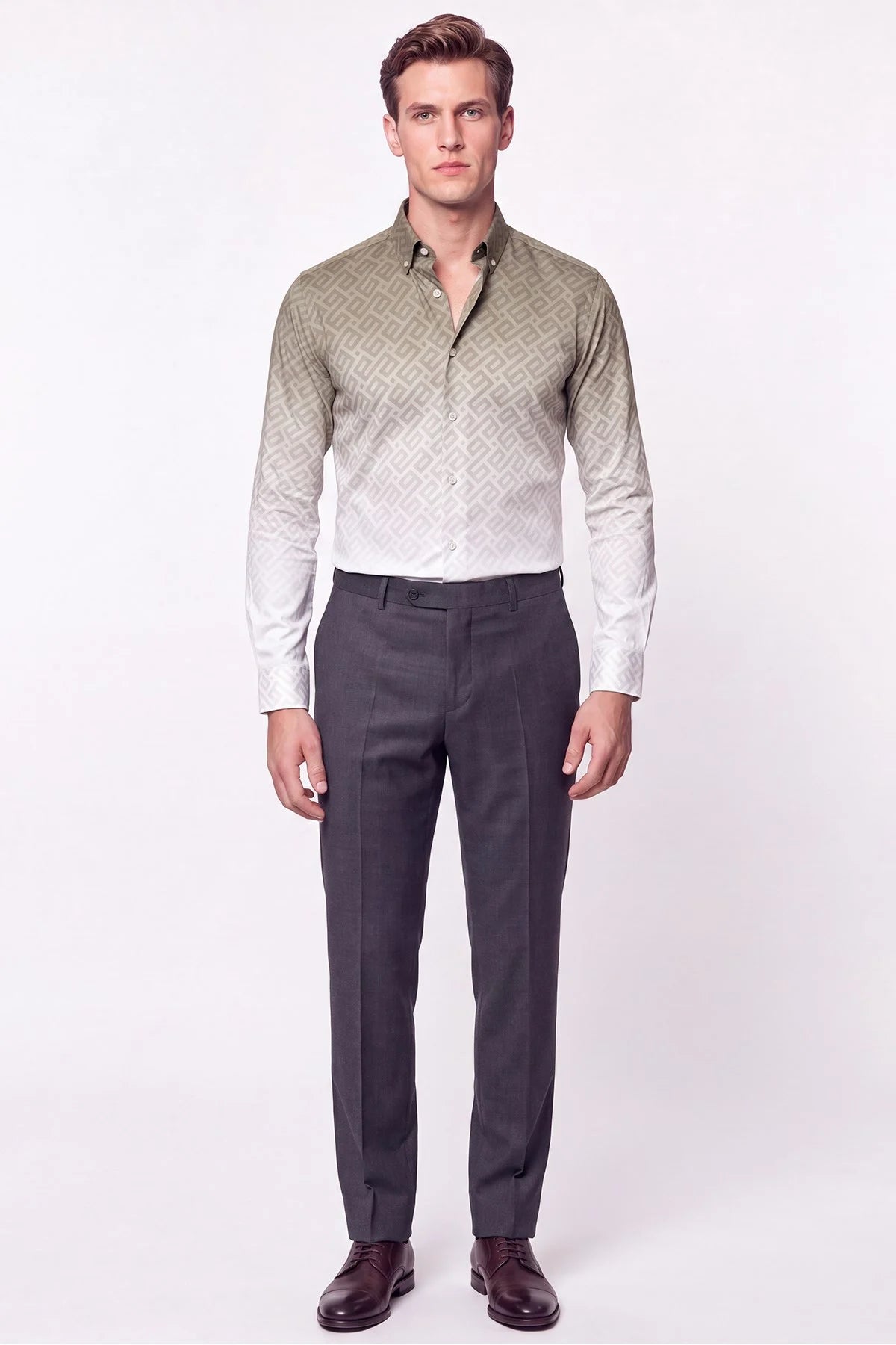 Slim Fit Düğme Yaka Desenli Haki Gömlek G 1611