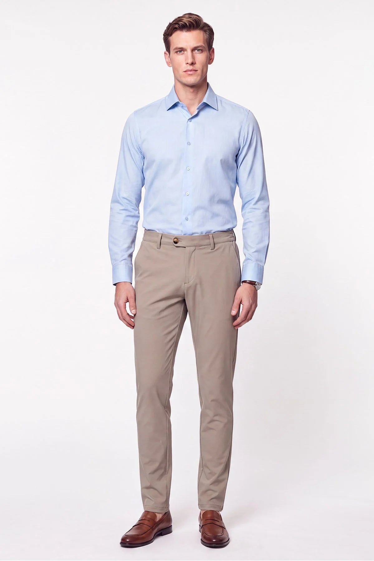 Comfort Fit Yan Cepli Beli Lastikli Esnek Pamuk Koyu Bej Jogger Pantolon P 1223