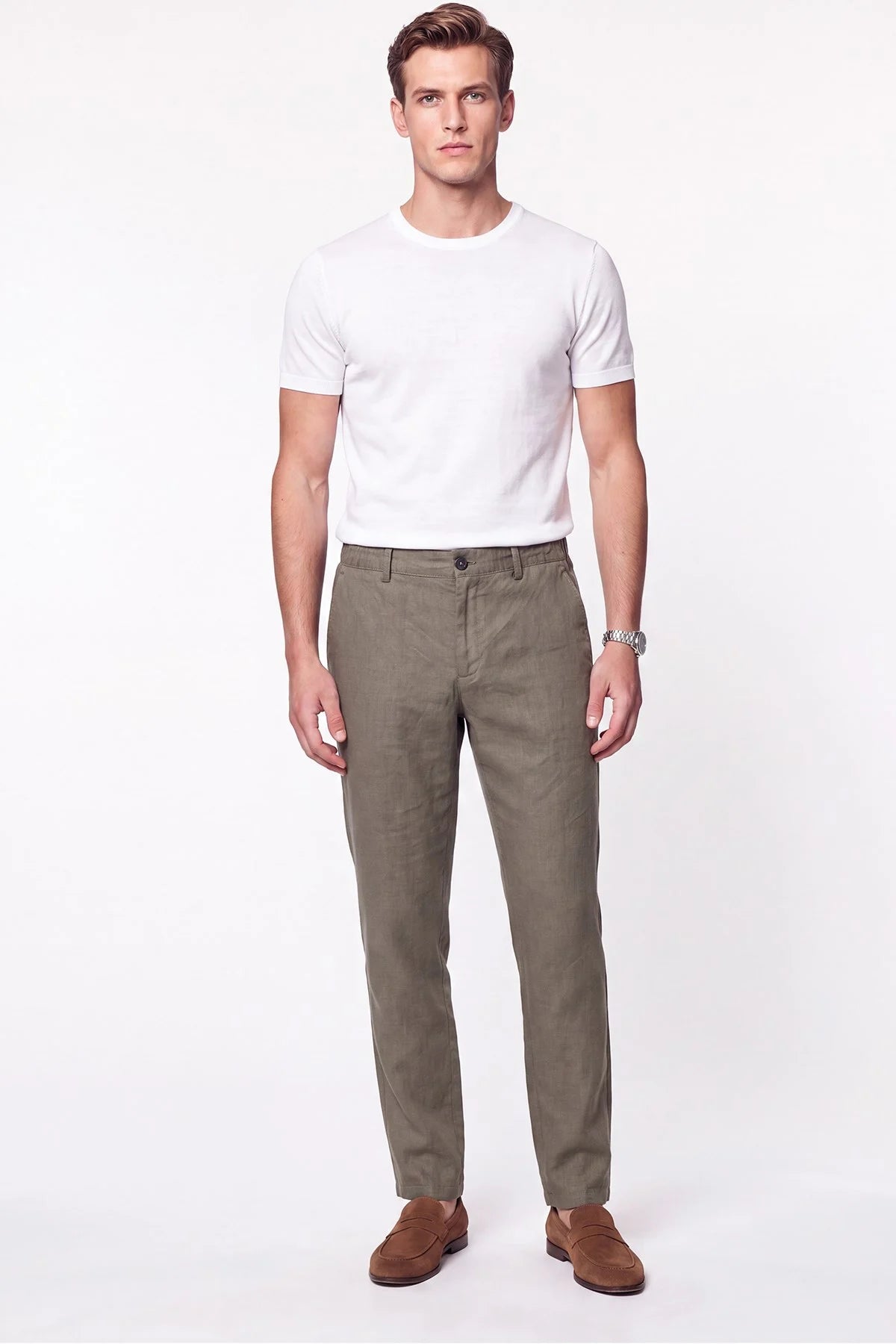 Comfort Fit Beli Lastikli %100 Keten Haki Pantolon P 1215