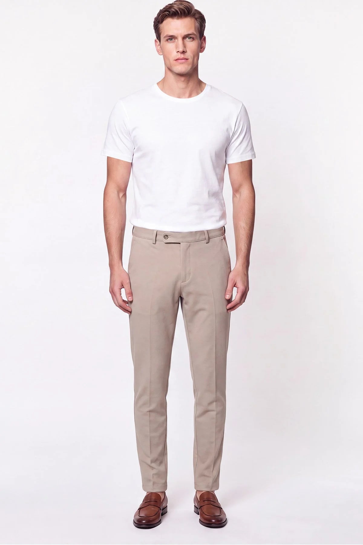 Comfort Fit Rahat Kalıp Yan Cep Pamuklu Dokulu Bej Pantolon P 1219