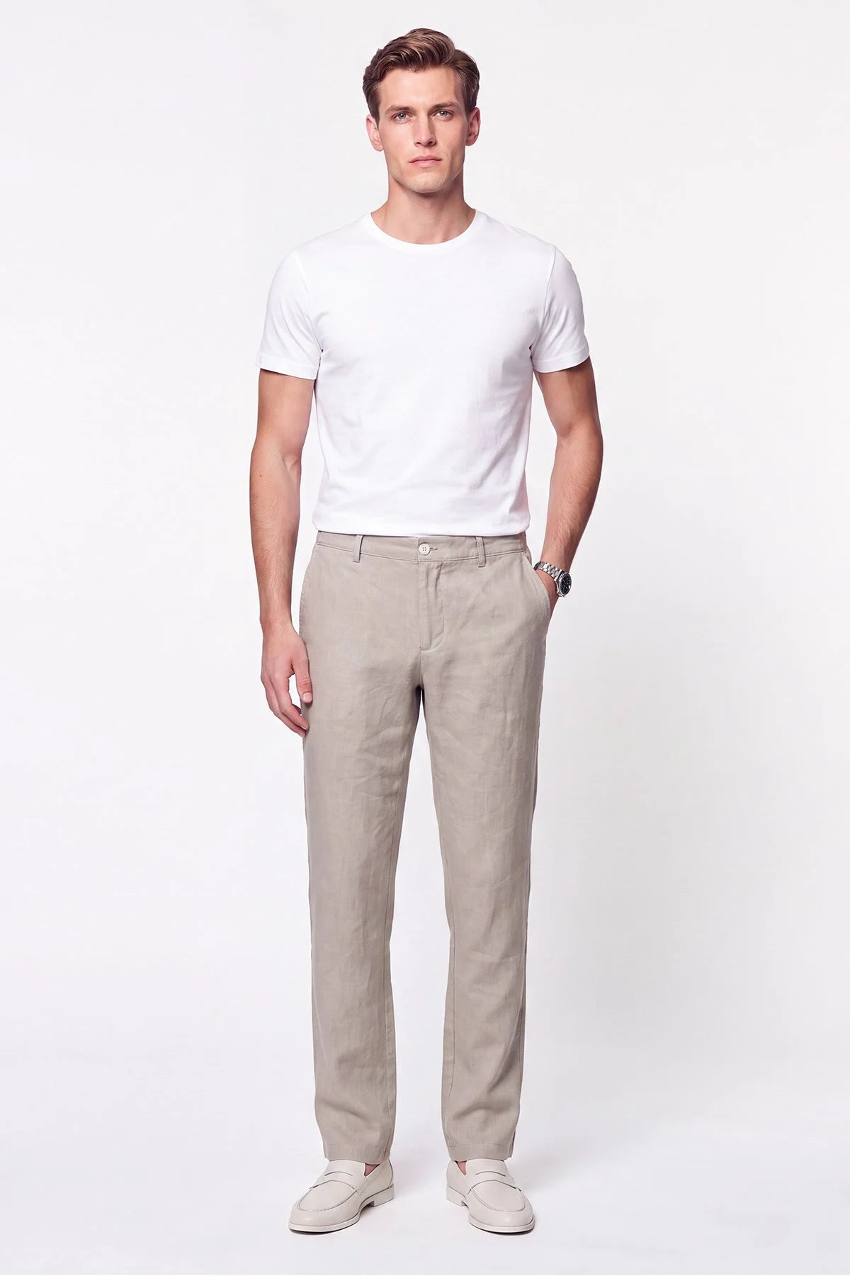 Comfort Fit Beli Lastikli %100 Keten Taş Pantolon P 1215