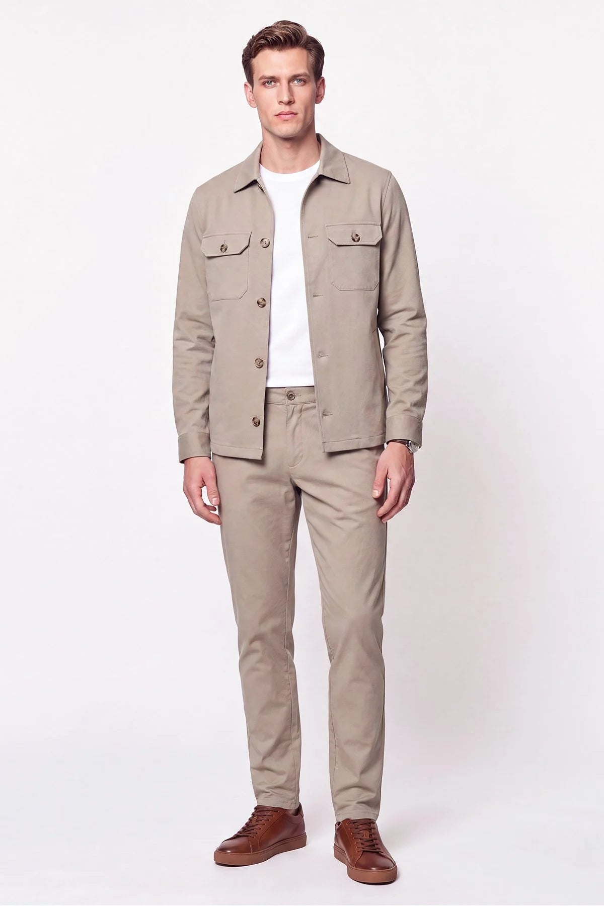 Comfort Fit Beli Lastikli Esnek Keten Bej Pantolon P 1221