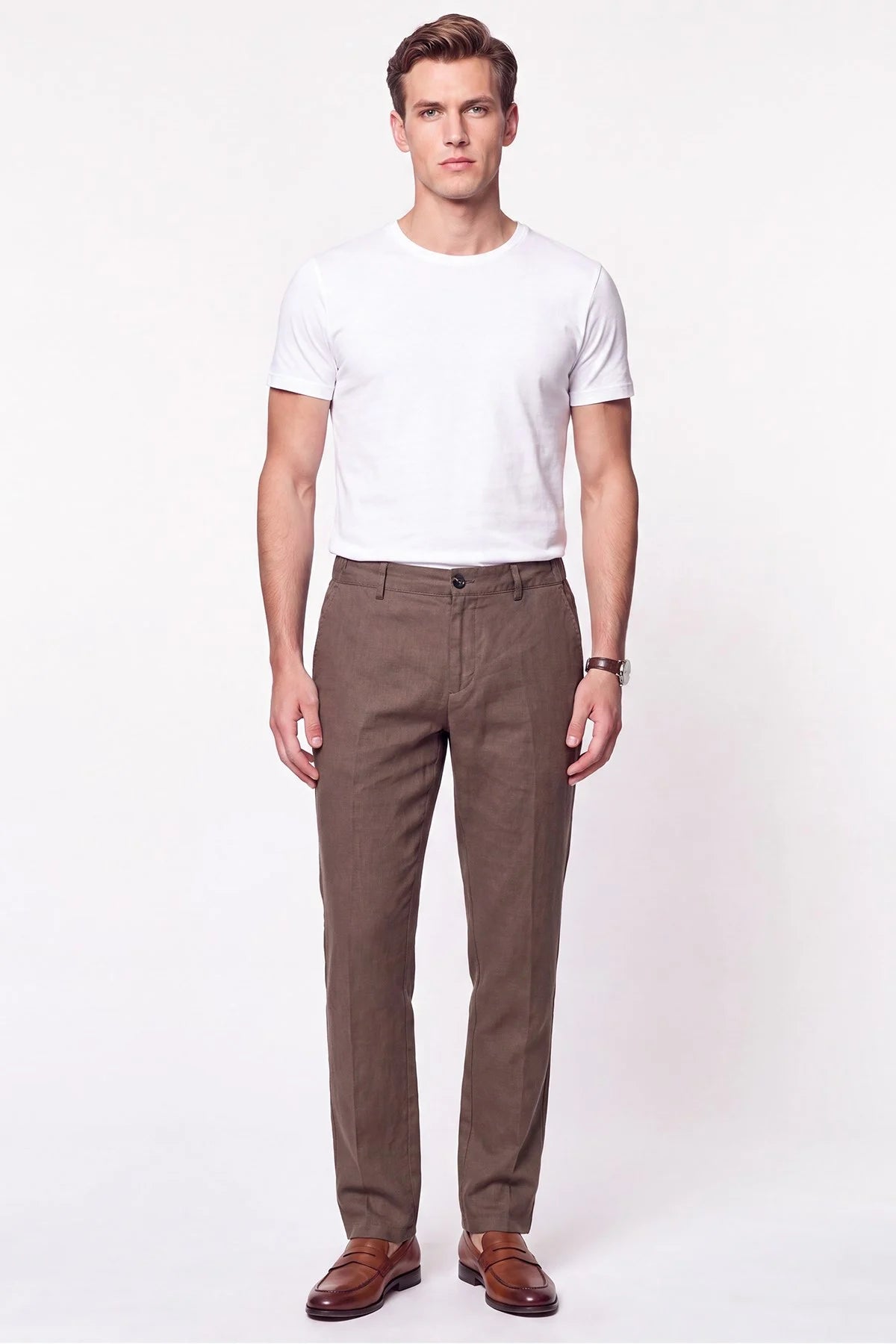 Comfort Fit Beli Lastikli %100 Keten Vizon Pantolon P 1215