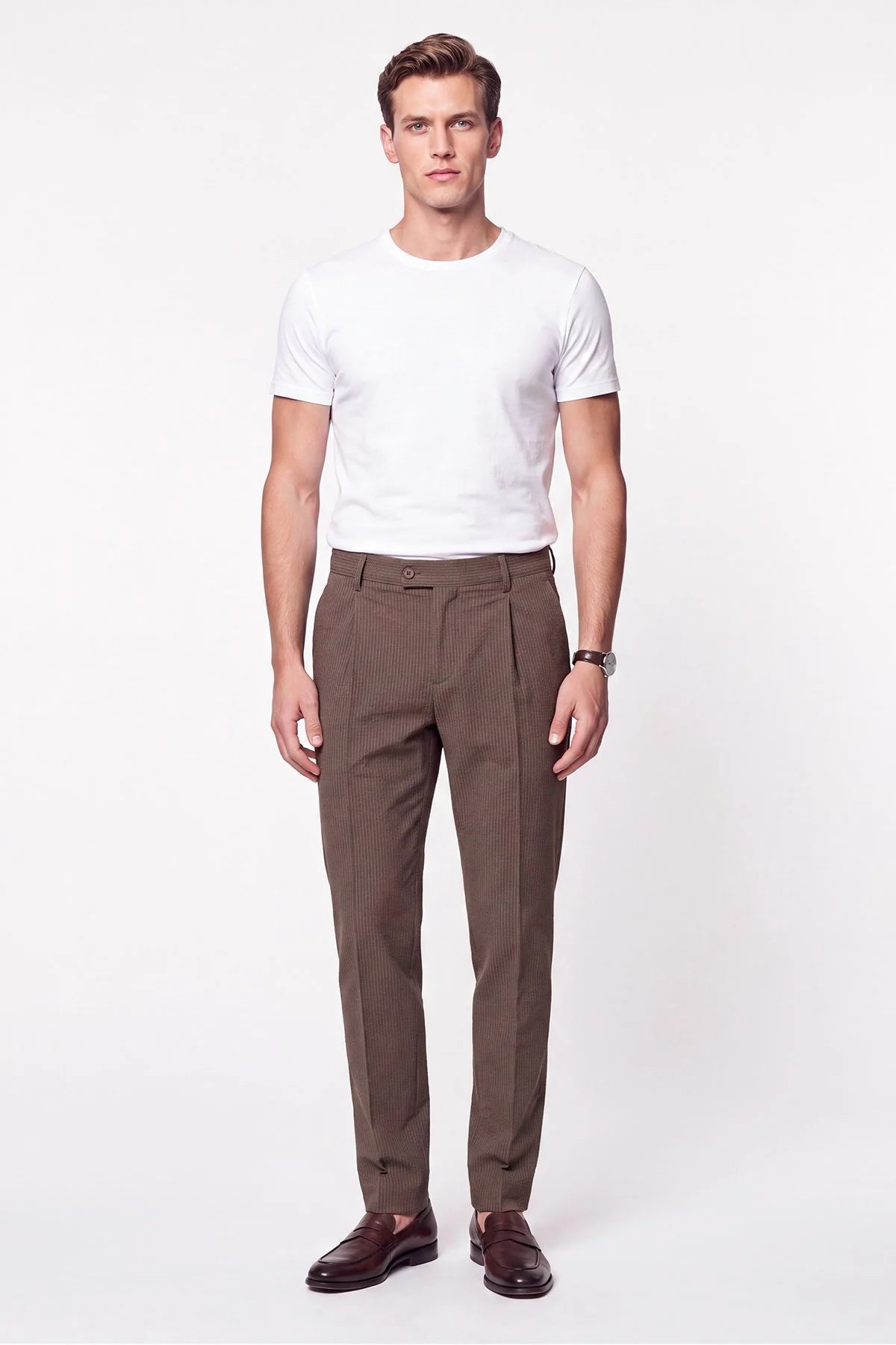 Comfort Fit Rahat Kalıp Pileli Esnek Pamuklu Çizgili Camel Jogger Pantolon P 1218