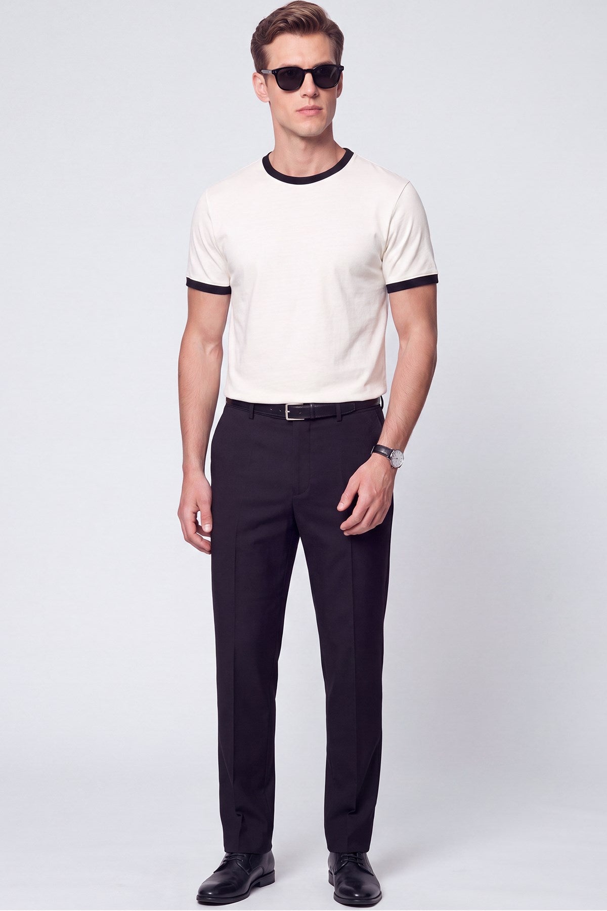 Slim Bisiklet Yaka Düz Ekru-siyah Ts 932 T-shirt