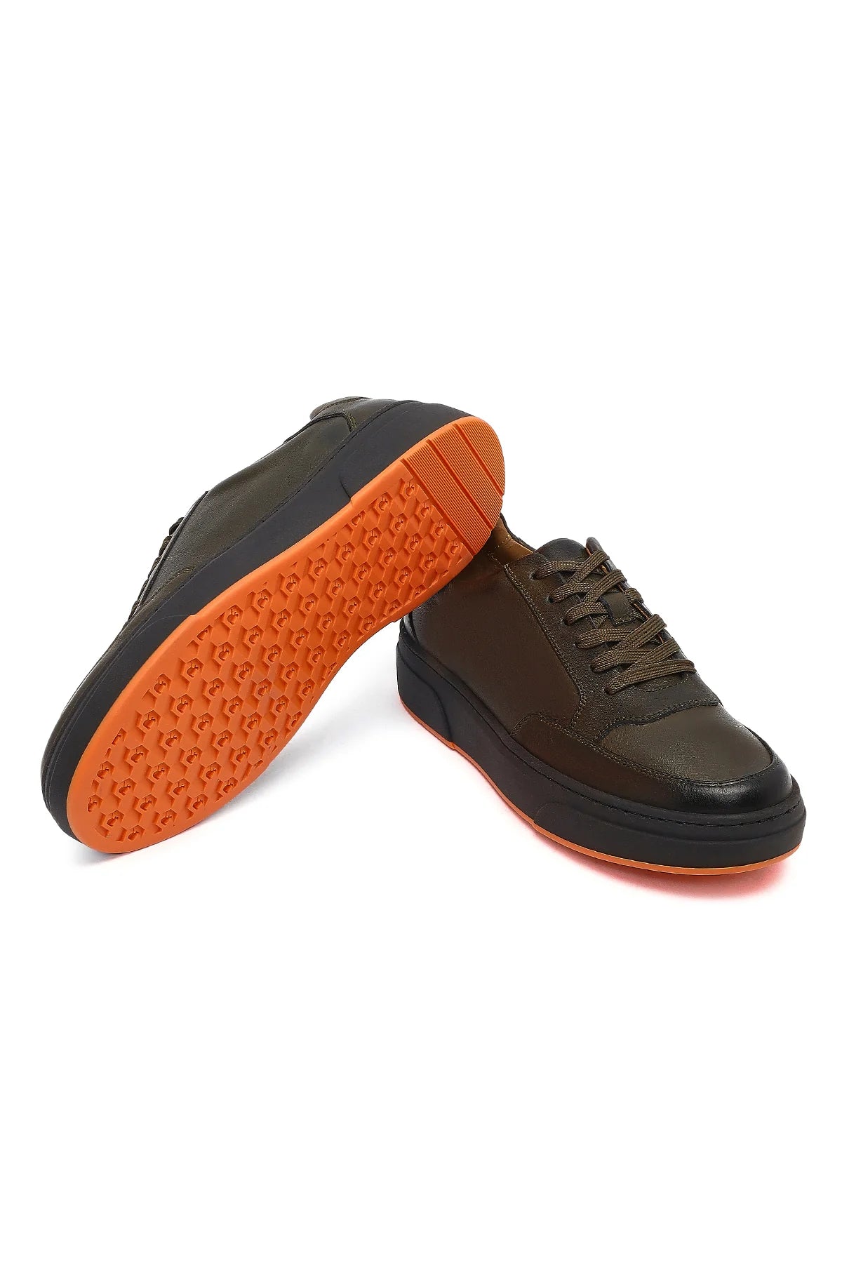 Erkek Haki Bağcıklı Kalın Tabanlı Deri Sneaker