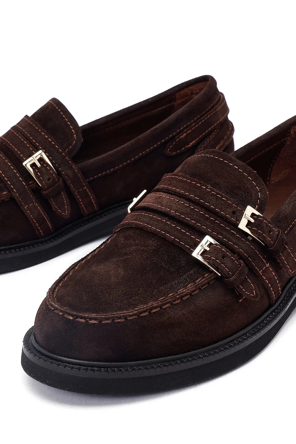 Kadın Kahverengi Tokalı Süet Deri Maskülen Loafer