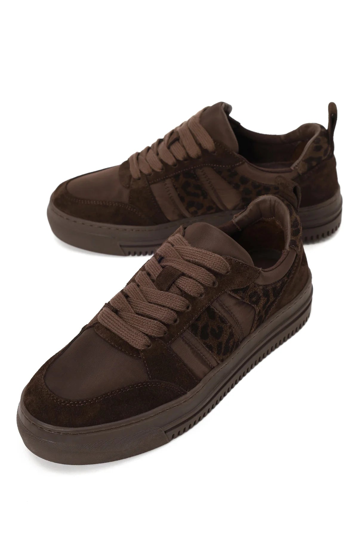 Kadın Kahverengi Bağcıklı Kalın Tabanlı Desenli Deri Sneaker