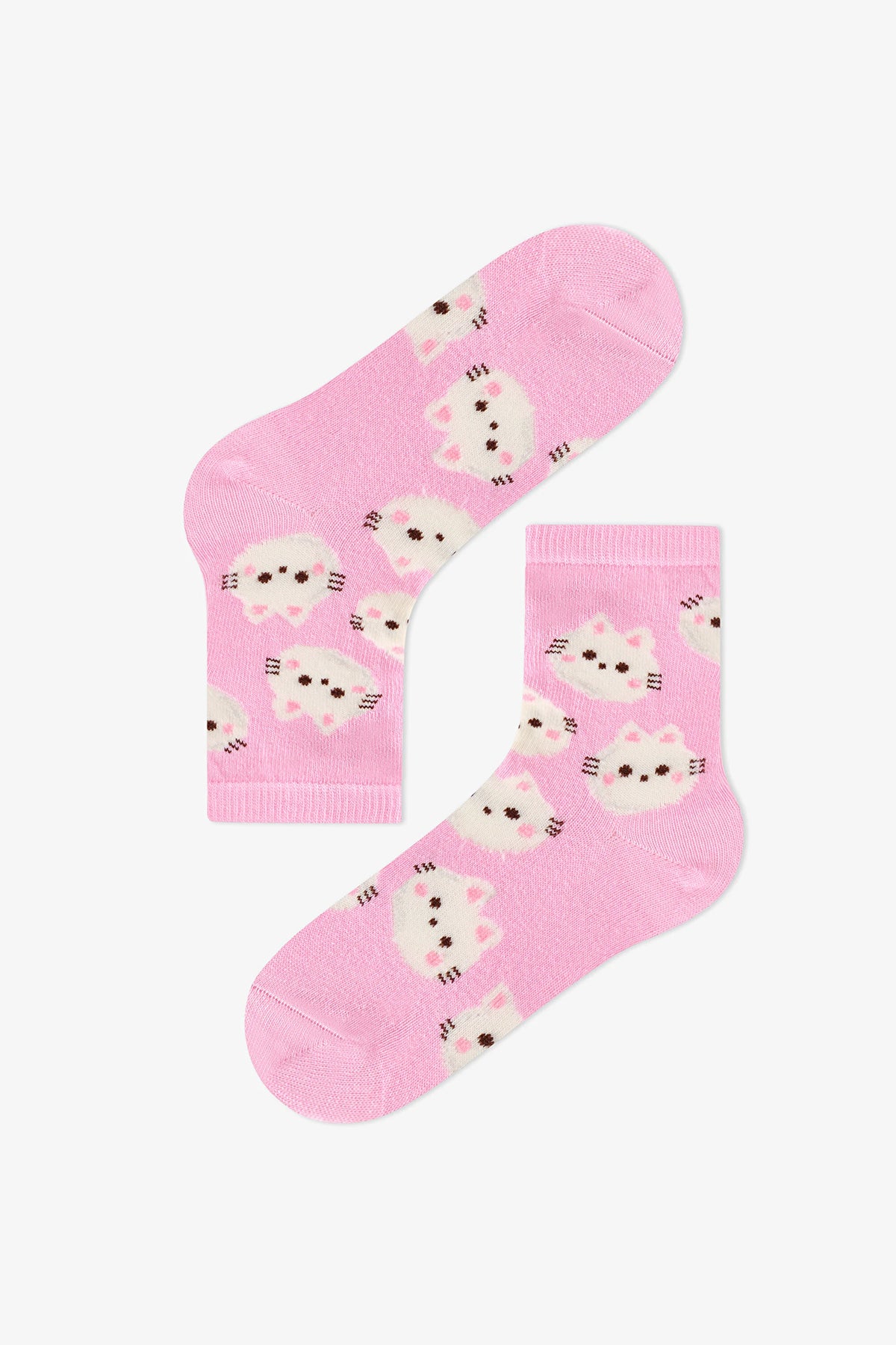 Kız Çocuk Pembe Fluffy Cat Kedi Desenli Pamuklu 4 Çift Soket Çorap