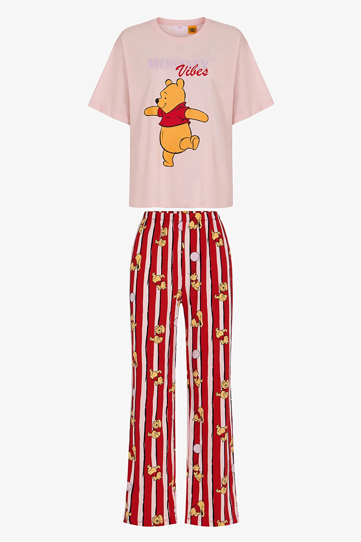Pembe Winnie The Pooh Monday Vibes Ayı Desenli Pantolon Kısa Kollu Pijama Takımı