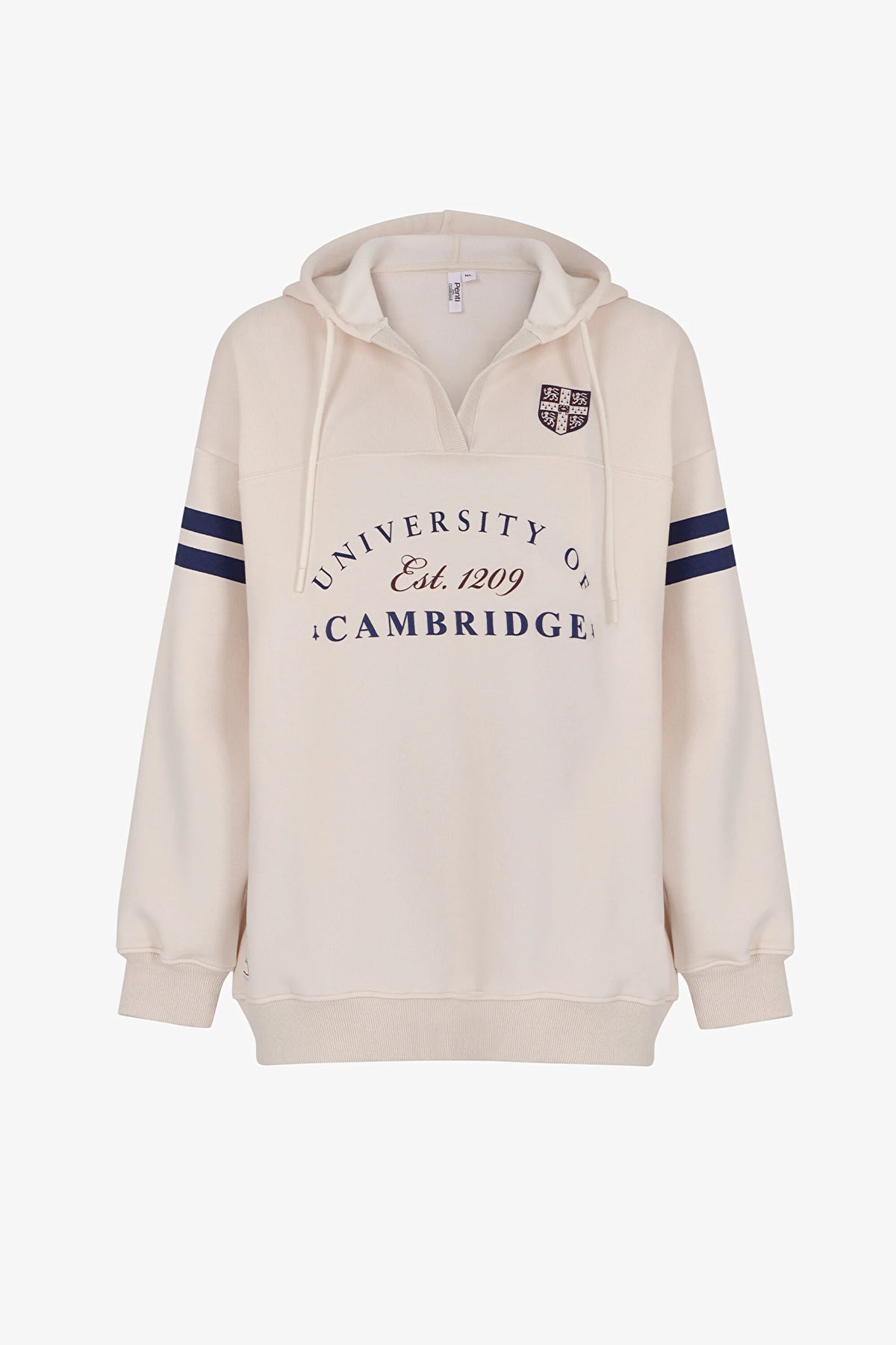 Ekru Cambridge Baskılı V Yaka Kapüşonlu Sweatshirt
