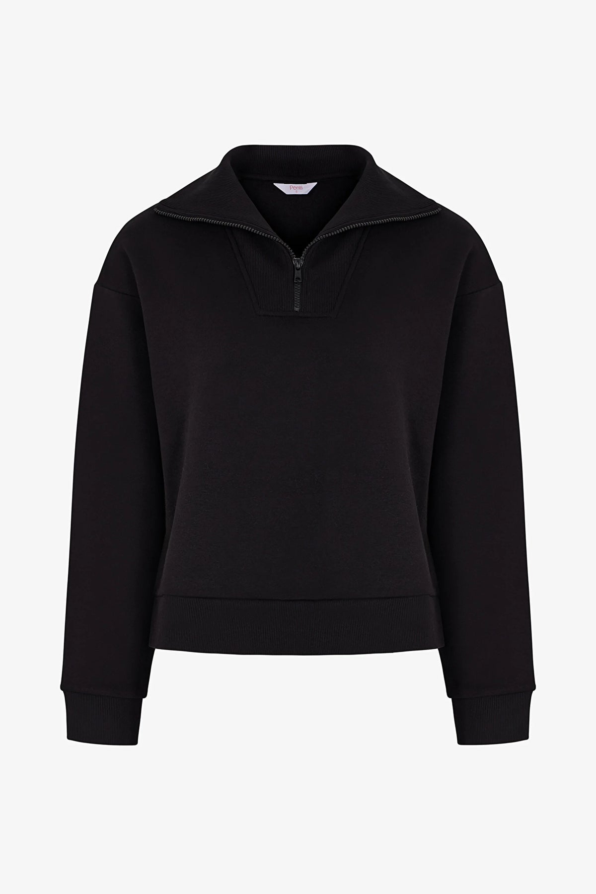 Siyah Yarım Fermuarlı Şardonlu Sweatshirt