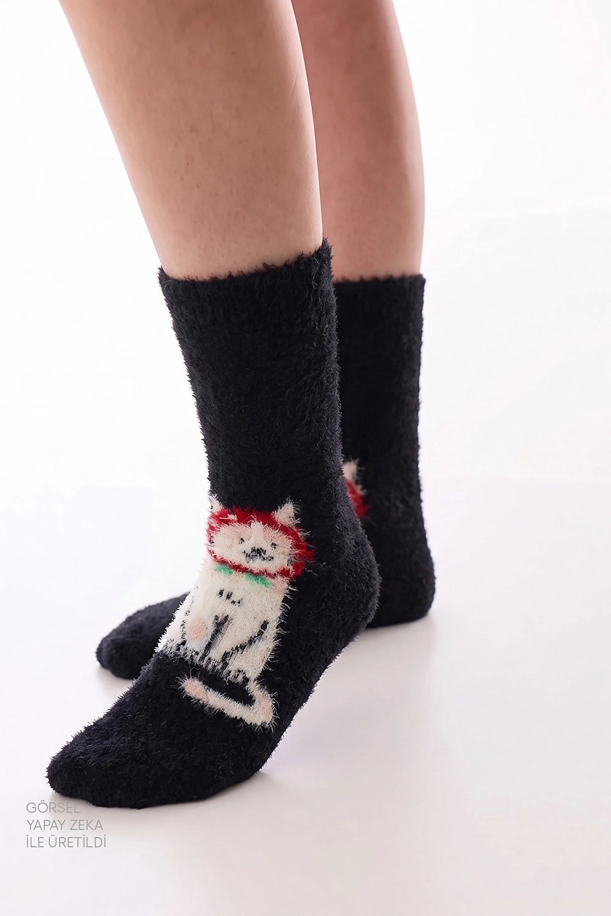 Gri Happy Cat Kedi Desenli Soket Çorap