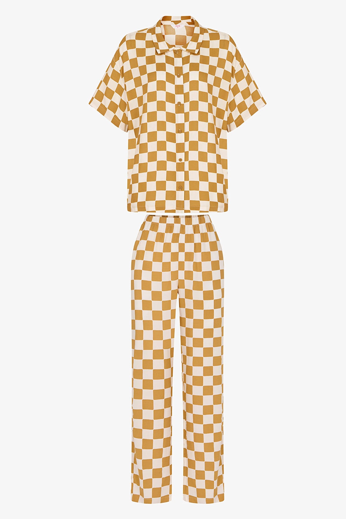 Sarı Hannah Dama Desenli Kısa Kollu Gömlek Pantolon Pijama Takımı