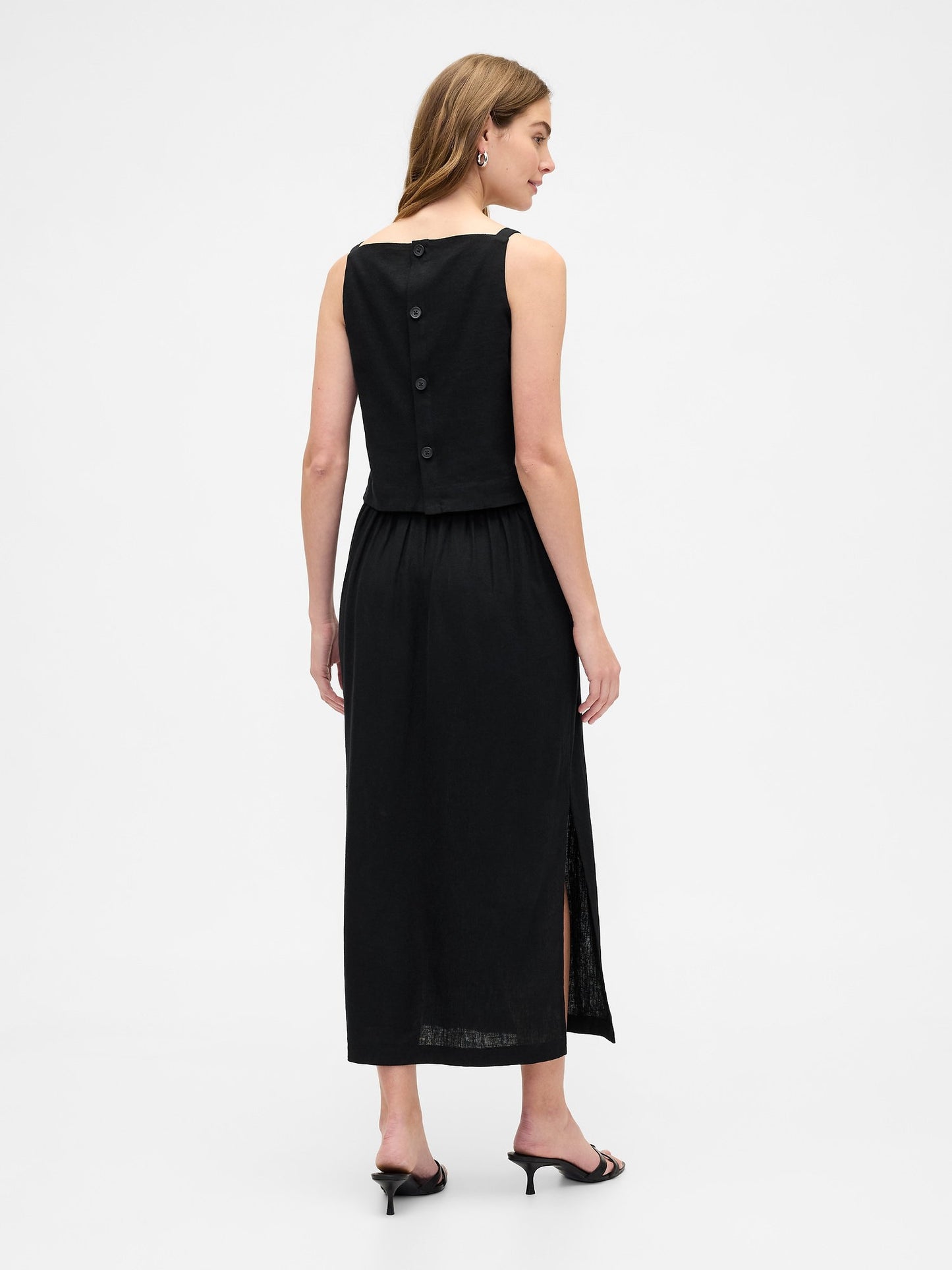 Siyah Keten Karışımı Maxi Slip Etek
