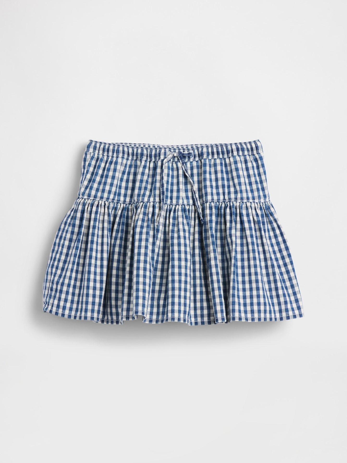 Mavi Gingham Denim Katmanlı Şort Etek