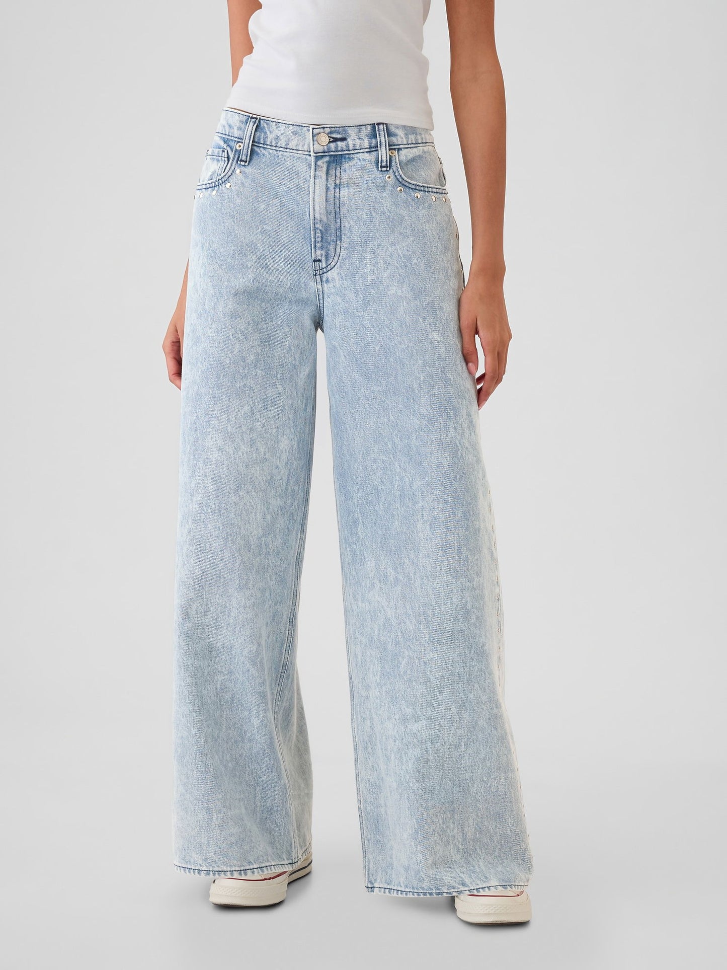 Açık Mavi Mid Rise Studded Baggy Jean Pantolon