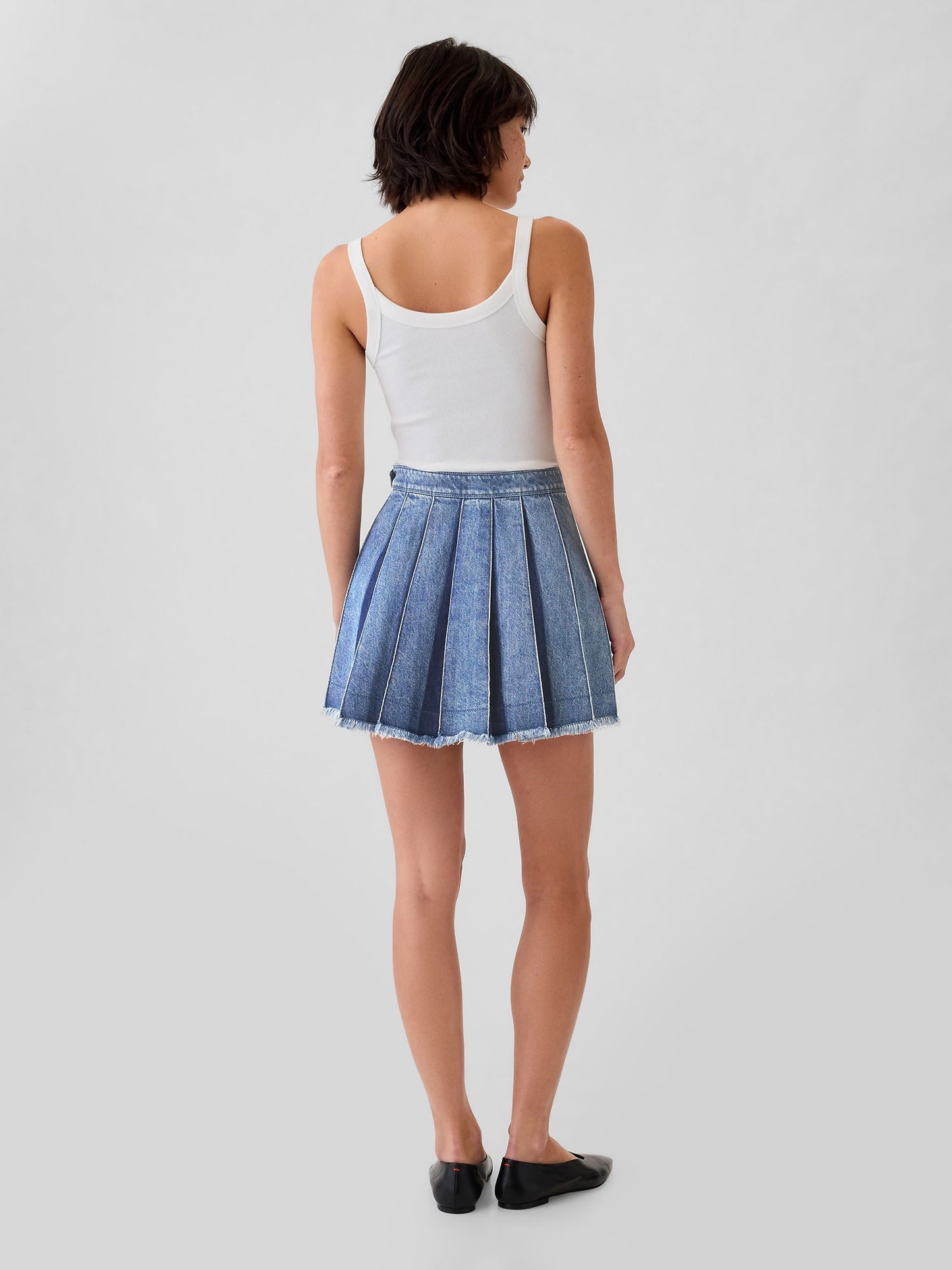 Mavi Pileli Denim Mini Etek