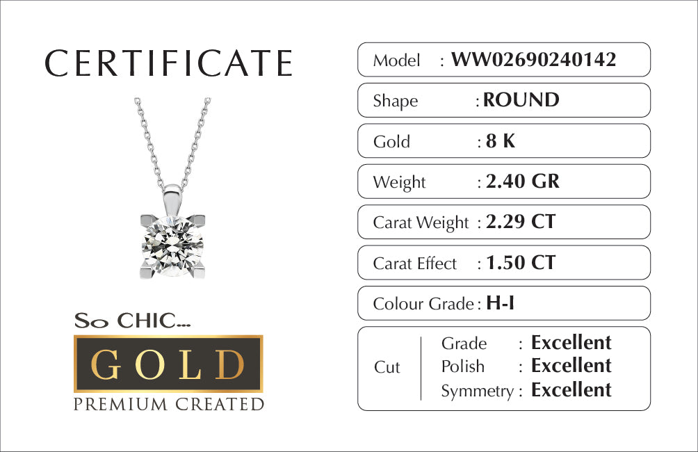 Beyaz Altın Sertifikalı Premium Created Taşlı 1.50 Ct Effect Tektaş Kolye Ww02690240142