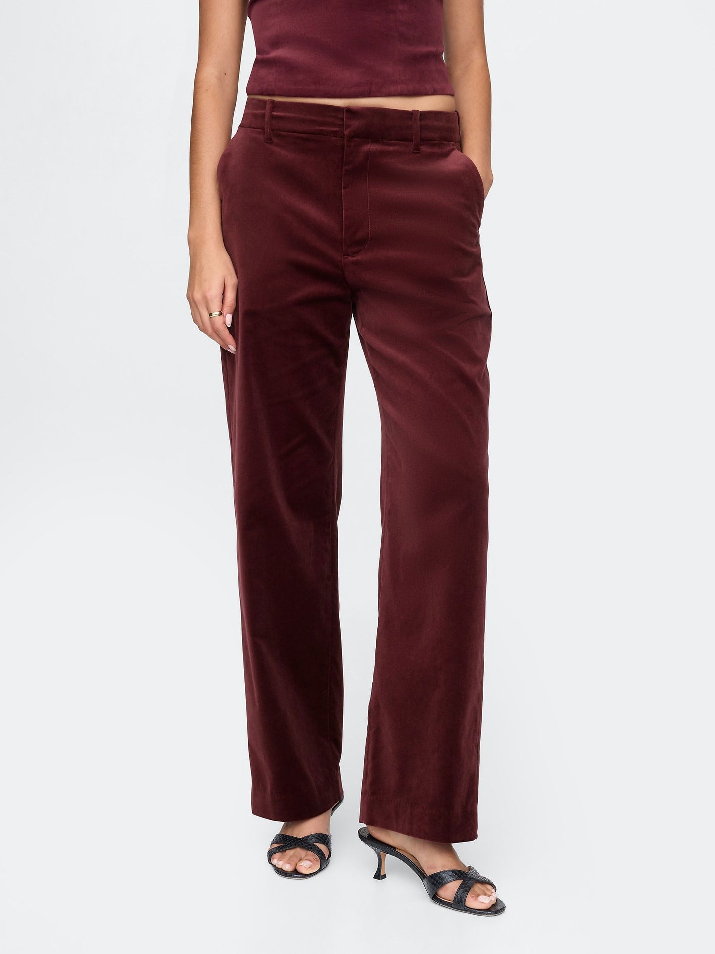 Bordo High Rise Kadife Straight Pantolon