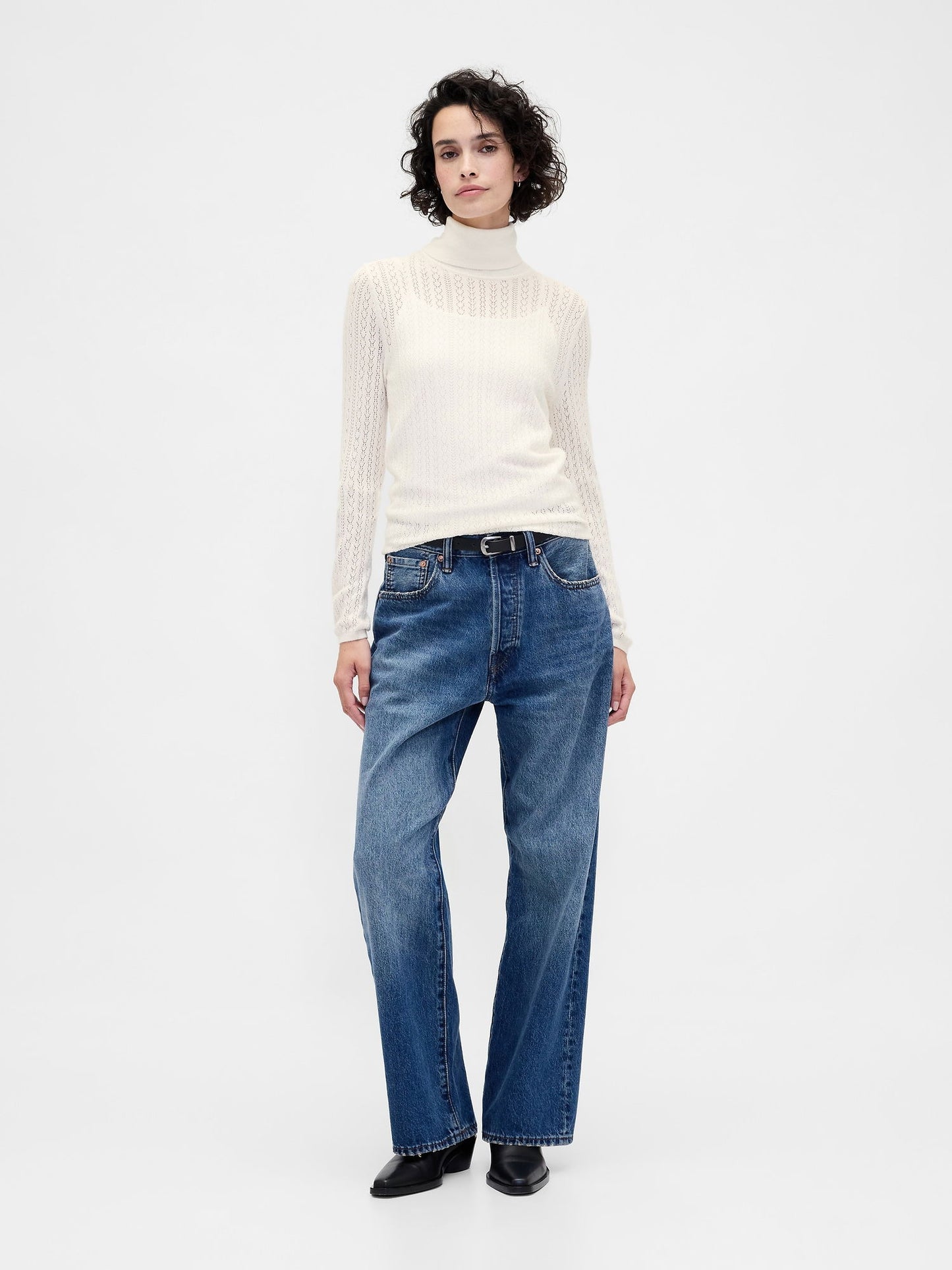 Kırık Beyaz Pointelle Turtleneck Kazak
