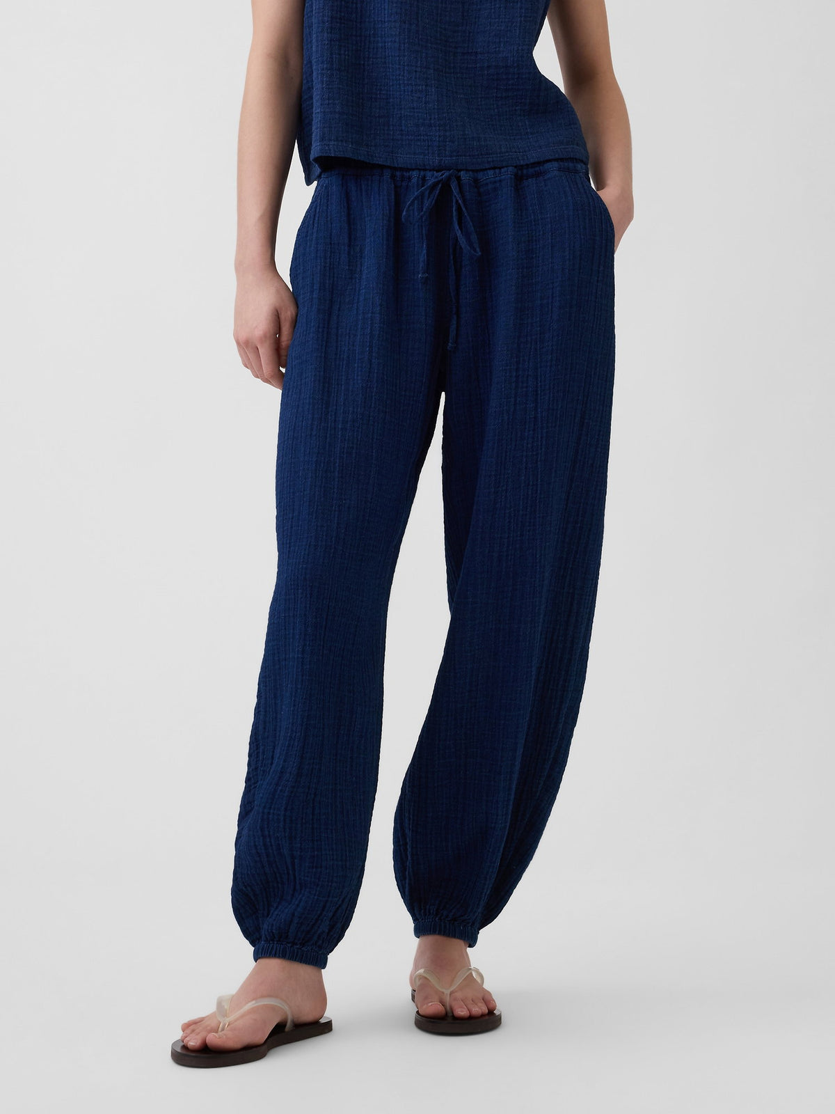 Koyu Mavi Pamuk Gauze Denim Easy Barrel Jogger Pantolon