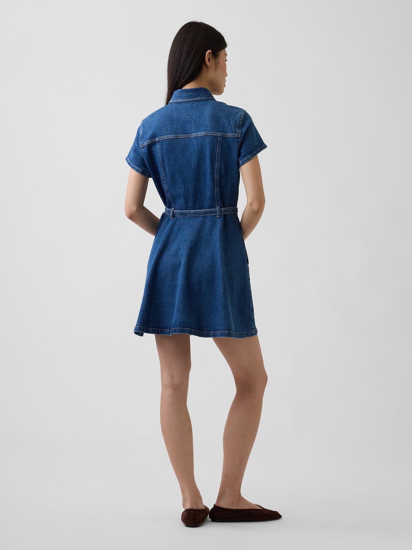 Mavi Denim Kemerli Mini Gömlek Elbise