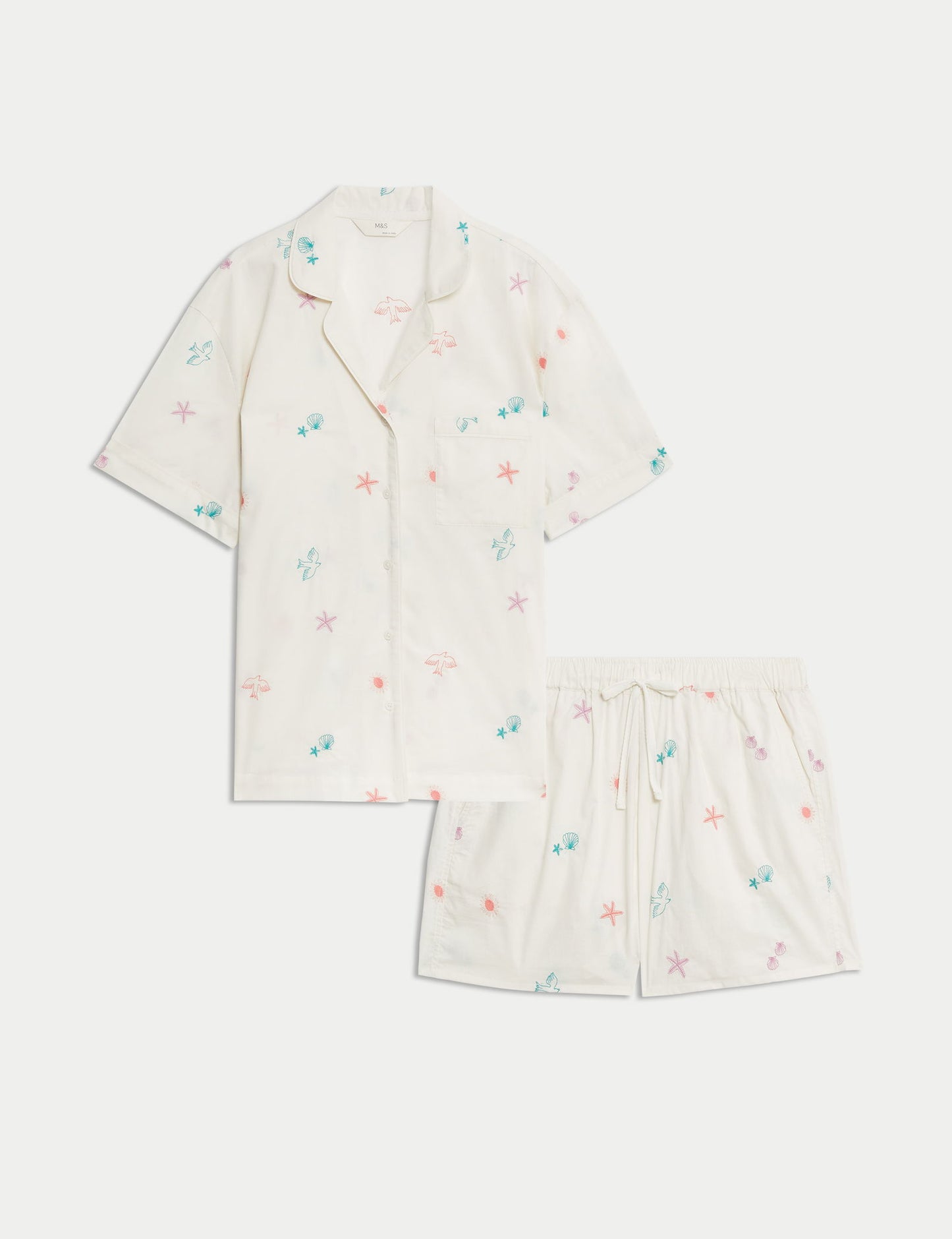 Saf Pamuklu Nakışlı Kısa Pijama Takımı