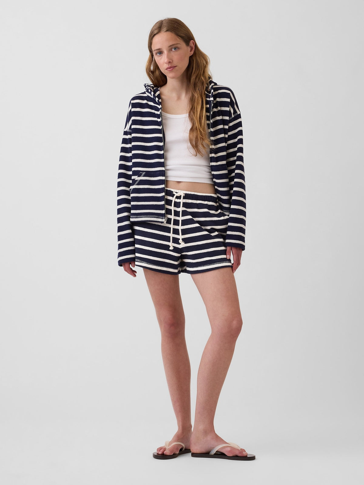 Kırmızı Havlu Terry Oversized Çizgili Fermuarlı Sweatshirt