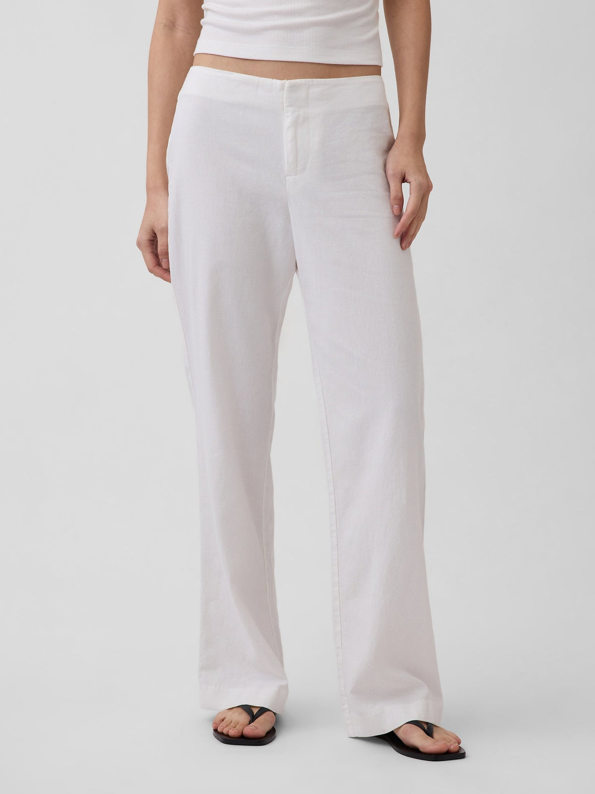 Beyaz Low Rise Keten Karışımlı Flare Pantolon
