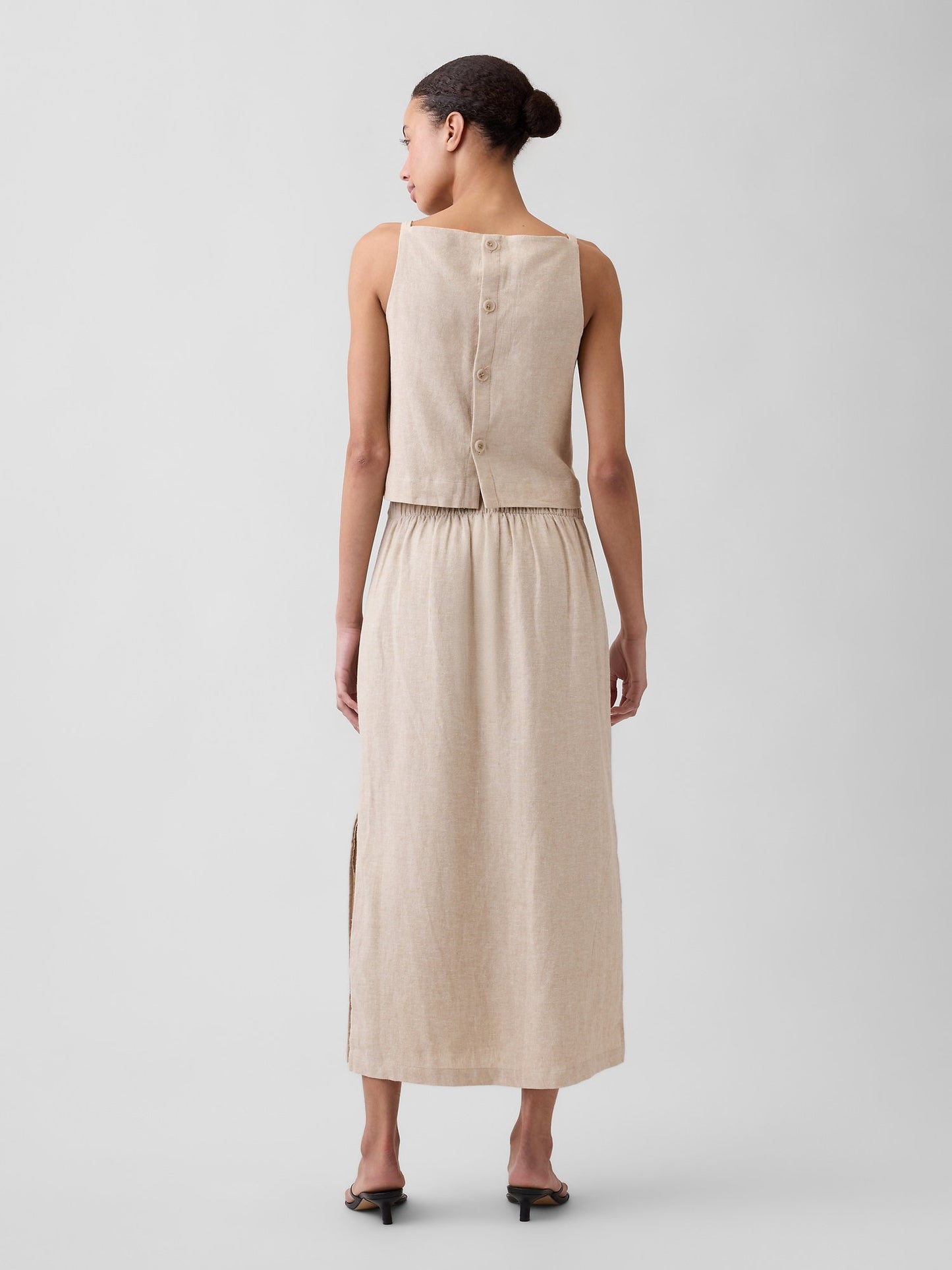 Bej Keten Karışımı Maxi Slip Etek
