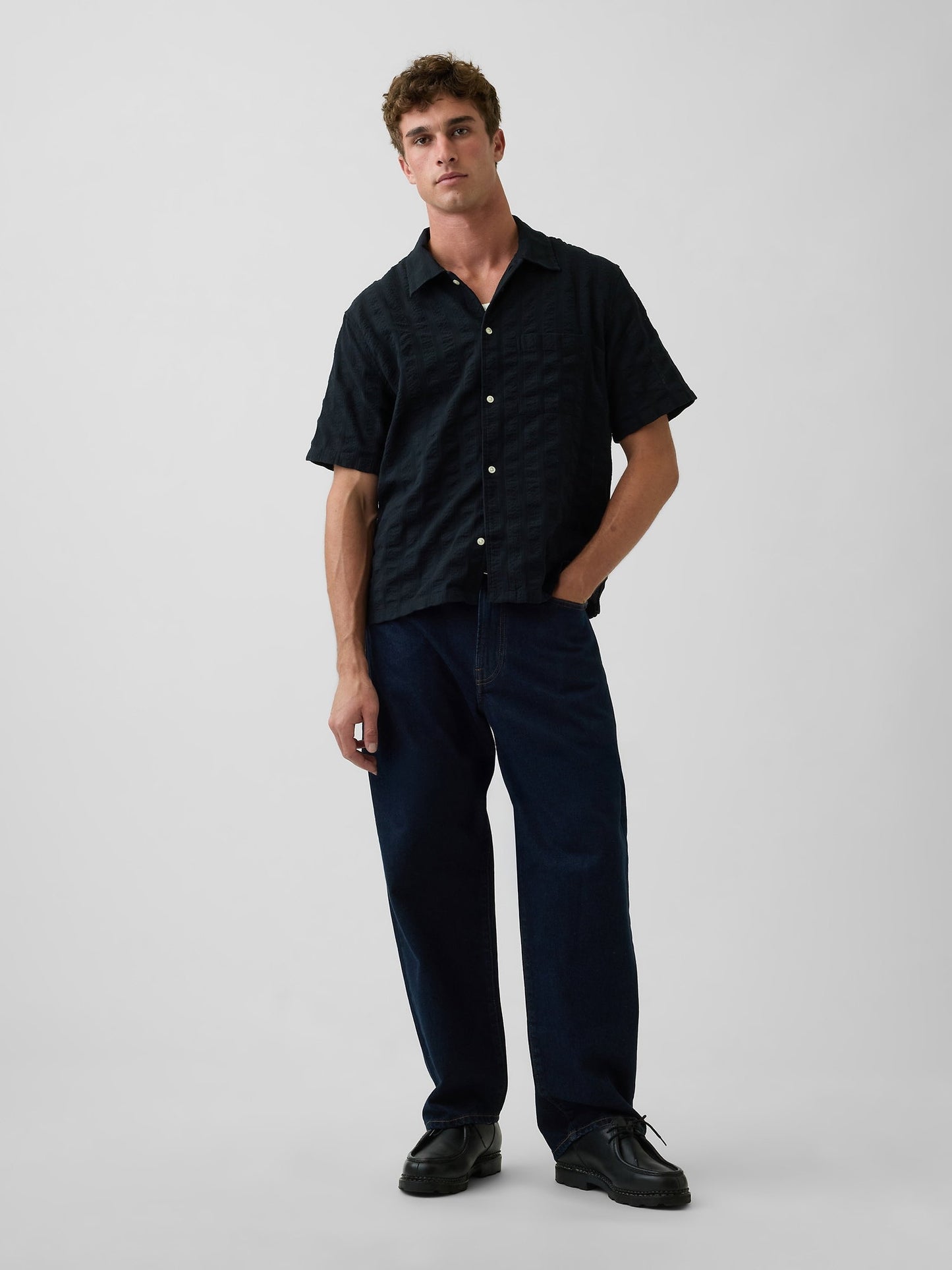 Siyah Dobby Relaxed Straight-hem Gömlek