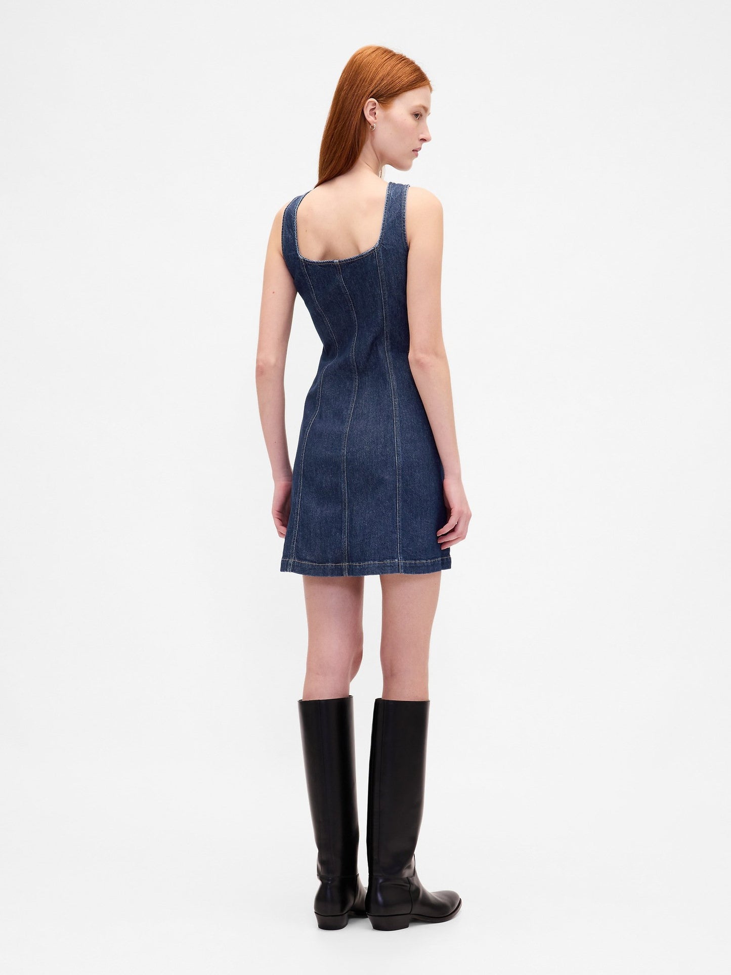 Koyu Mavi Denim Seamed Düğmeli Mini Elbise