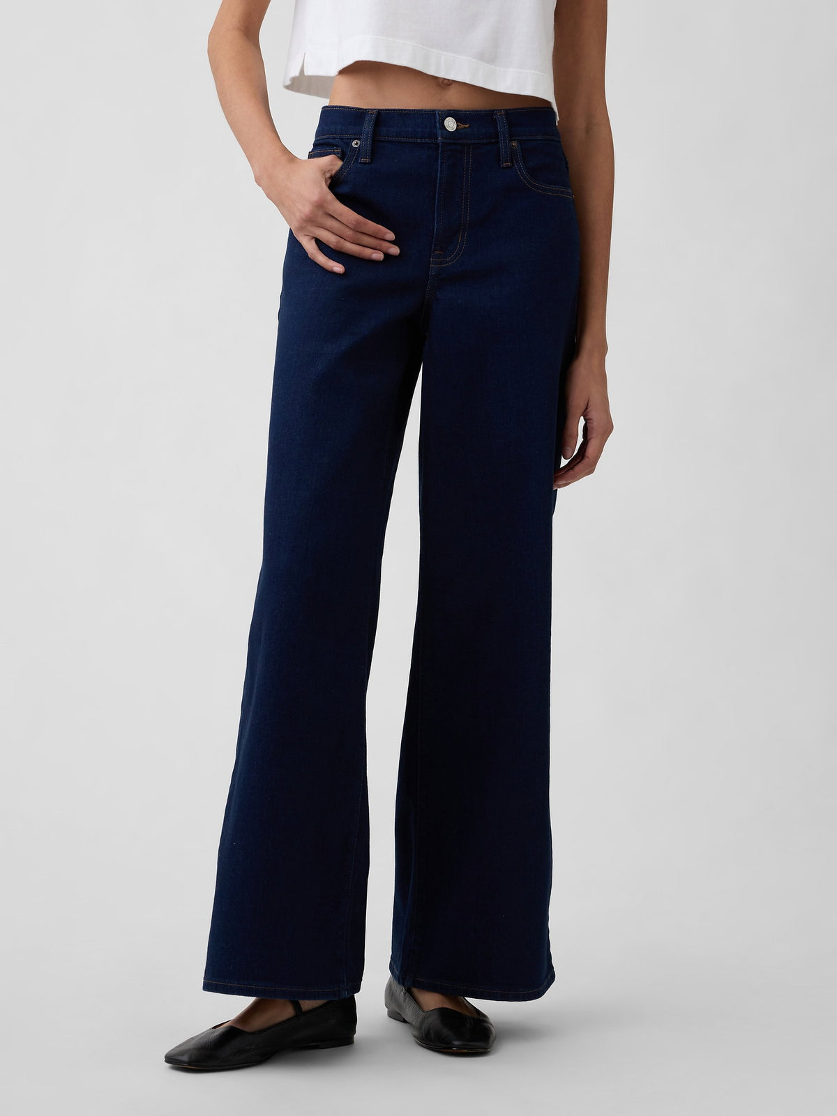 Koyu Mavi Mid Rise Wide-leg Jean Pantolon