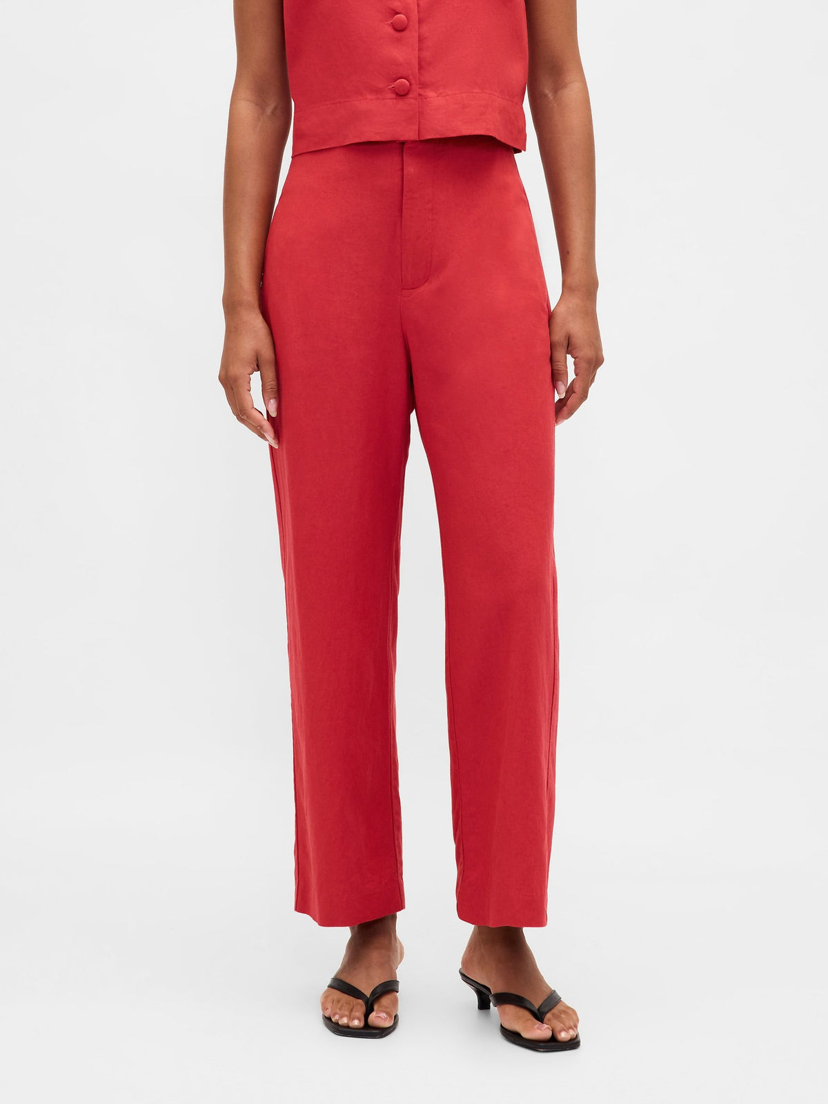 Kırmızı Keten Karışımlı Relaxed Straight Ankle Pantolon