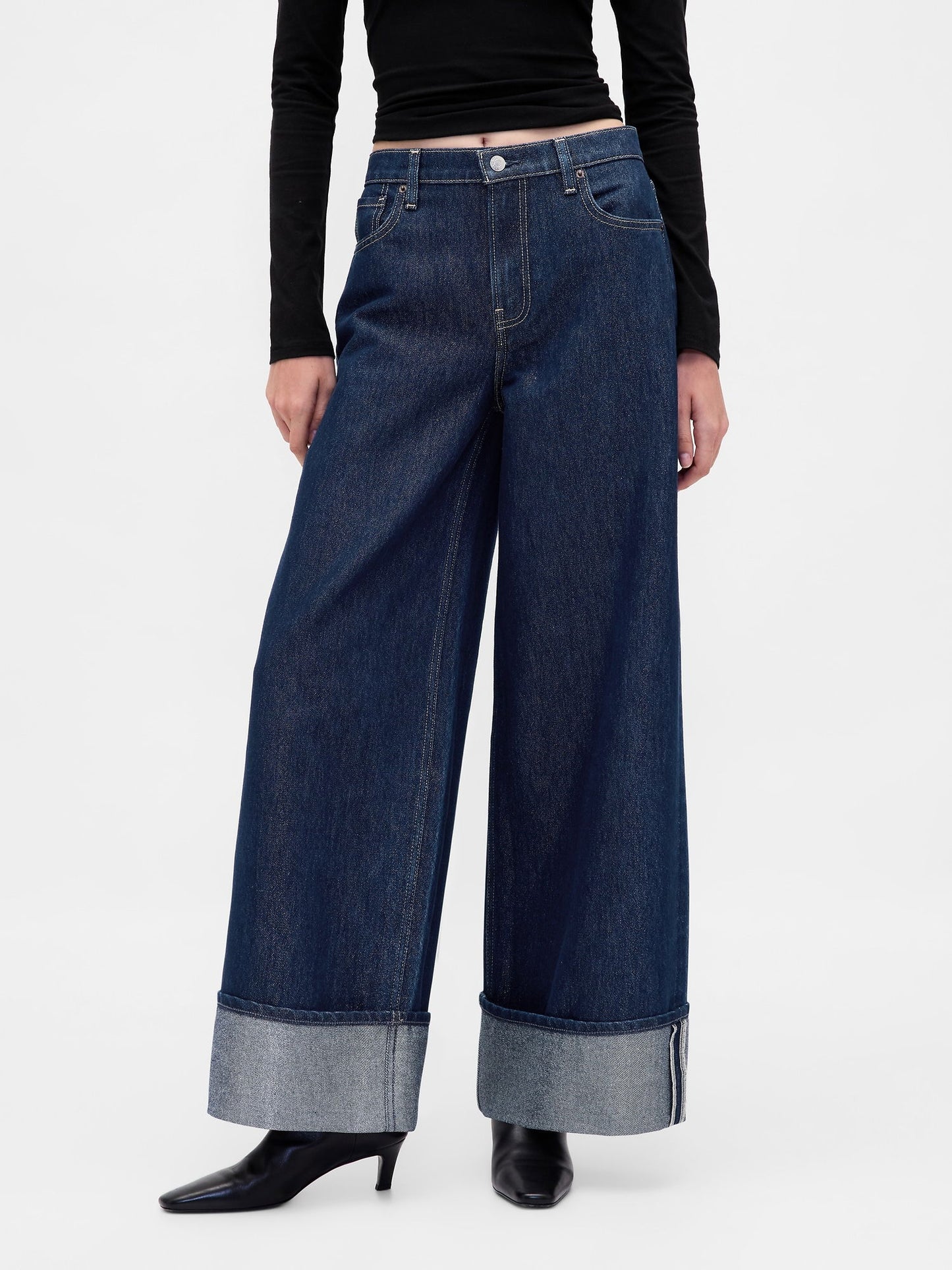 Koyu Mavi Mid Rise Metalik Cuffed Baggy Jean Pantolon