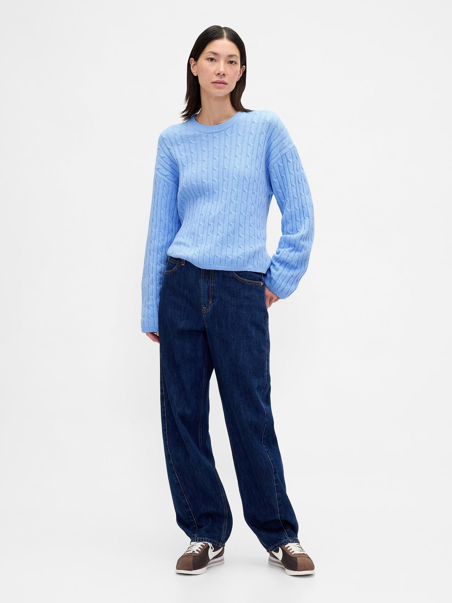 Açık Mavi Cashsoft Cable-knit Bisiklet Yaka Kazak