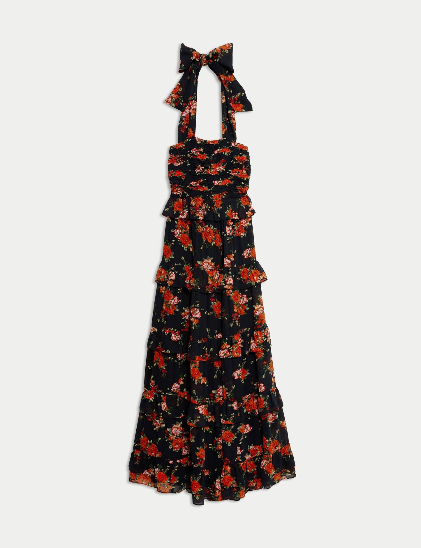 Çiçek Desenli Halter Yaka Katmanlı Maxi Elbise